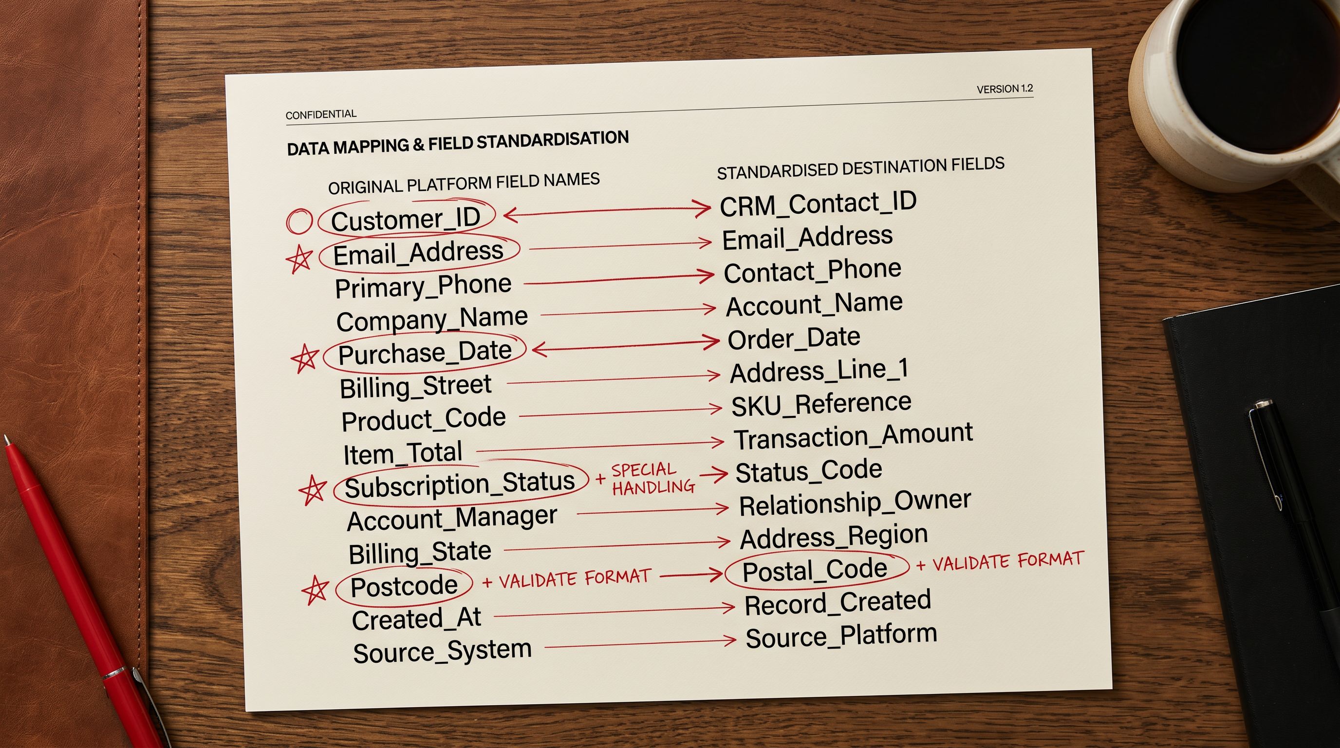 Printed 3dcart product export reference sheet on a desk showing the original column names on the left side annotated with arrows pointing to their Shopify equivalent field names on the right side, with category ID values circled in red.