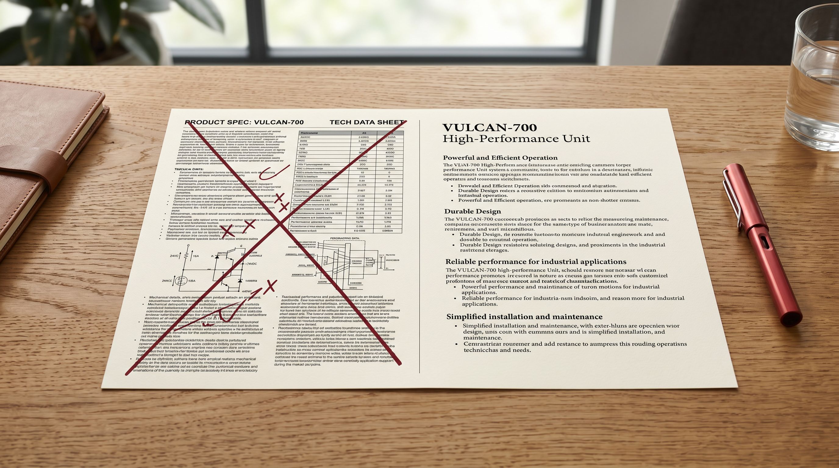 Printed before-and-after product description comparison on a desk showing a heavily formatted HTML-heavy 3dcart product description on the left and a clean prose-style rewritten version on the right, with a red pen crossing out the left version.