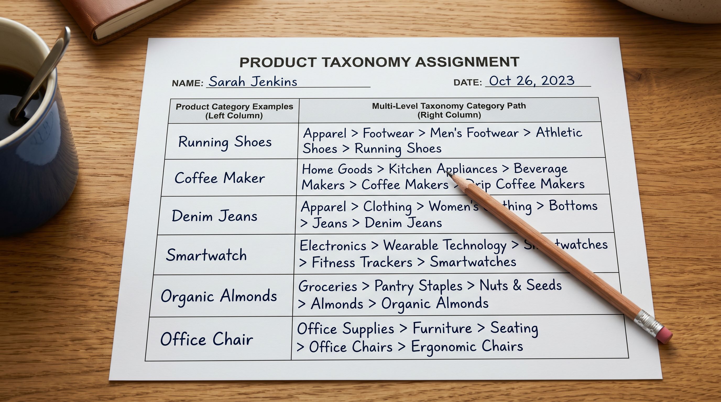 Printed Shopify taxonomy assignment worksheet on a desk showing product type examples in the left column with taxonomy category paths assigned in the right column, covering footwear, activewear, and accessories product types.