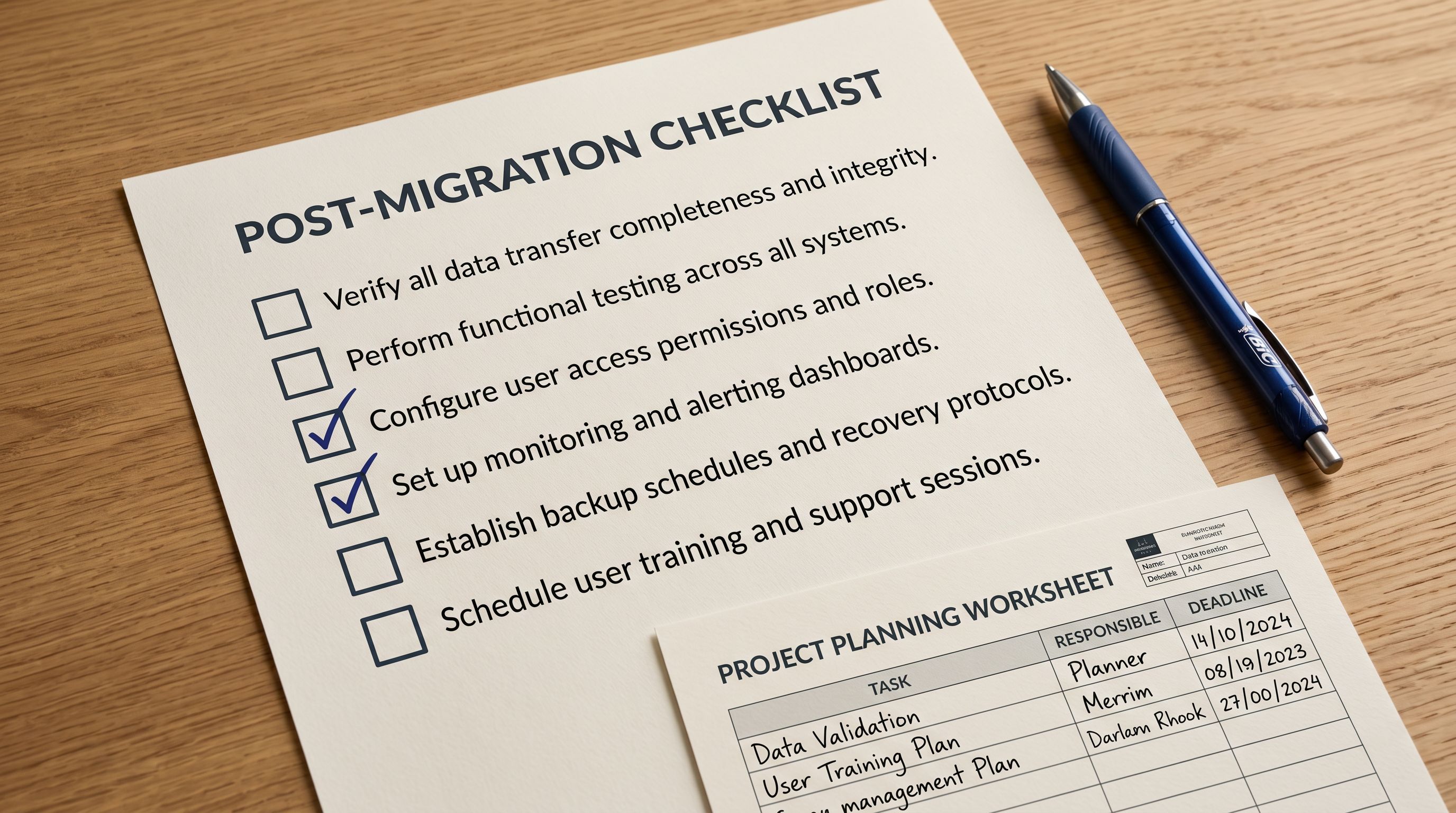 Printed post-migration checklist on a desk showing six checklist items with boxes beside each, two ticked and four unticked, beside a pen and a Shopify store planning worksheet.