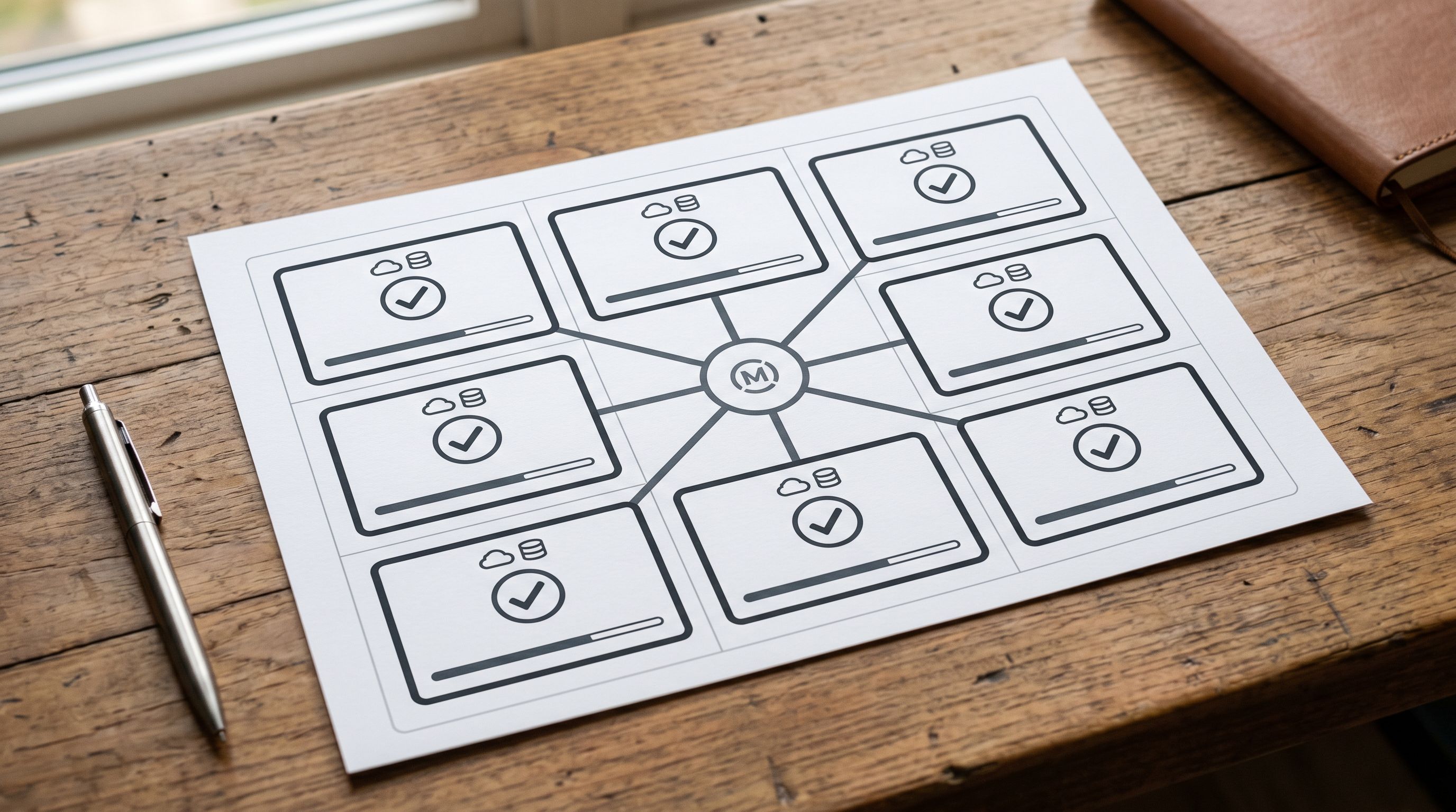 Printed migration platform reference chart on a desk showing nine platform names in a grid with a tick mark beside each one and a central Shopify logo connecting them all with lines, representing completed migrations.