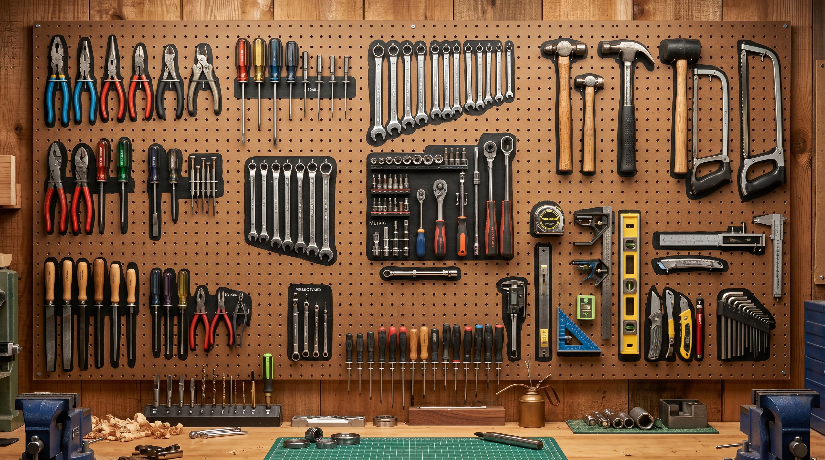 Well-organised workshop pegboard with multiple precision tools hanging in designated grouped positions.
