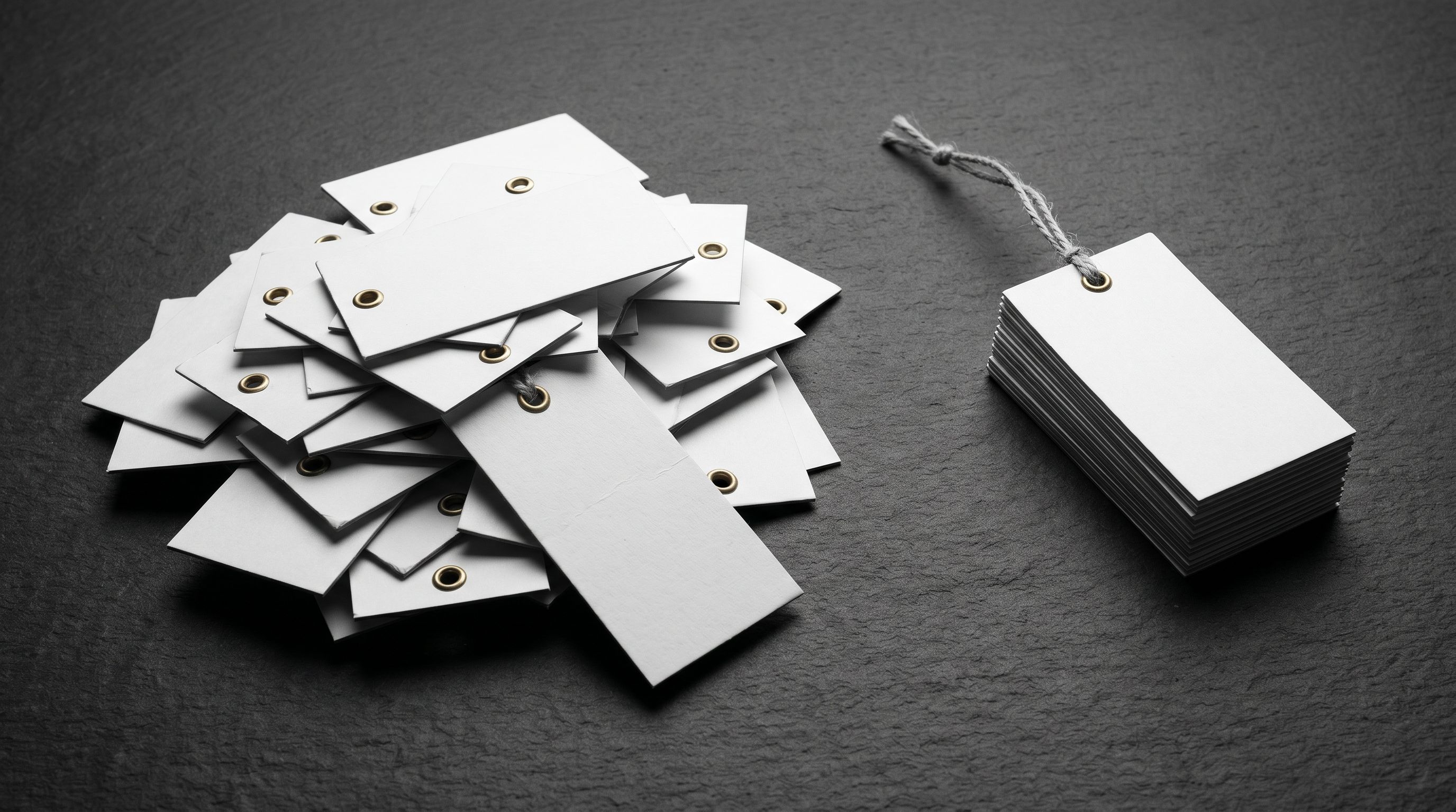 Tangled pile of identical product hang tags contrasted with a neat organised stack on matte surface.