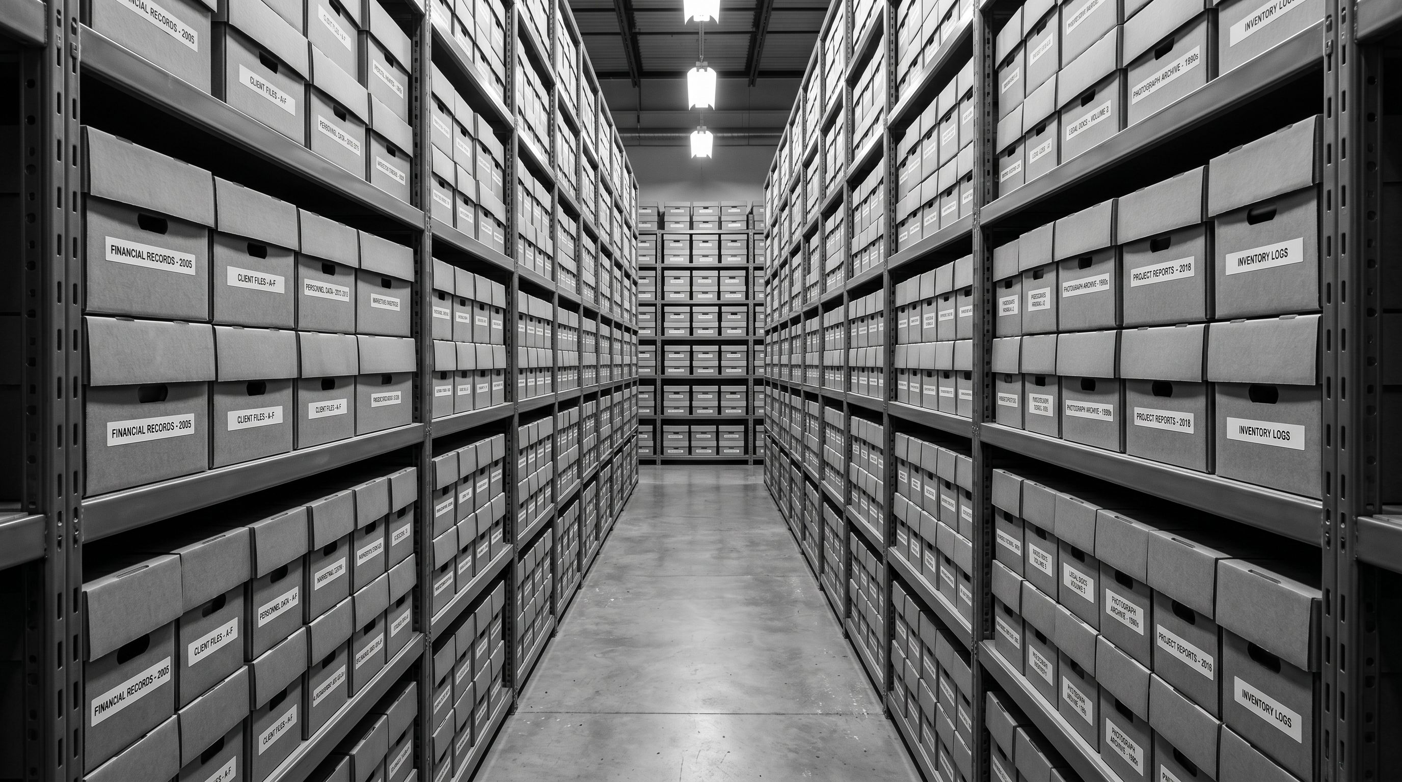 Rows of precisely labelled archival storage boxes on metal industrial shelving in an organised storeroom.
