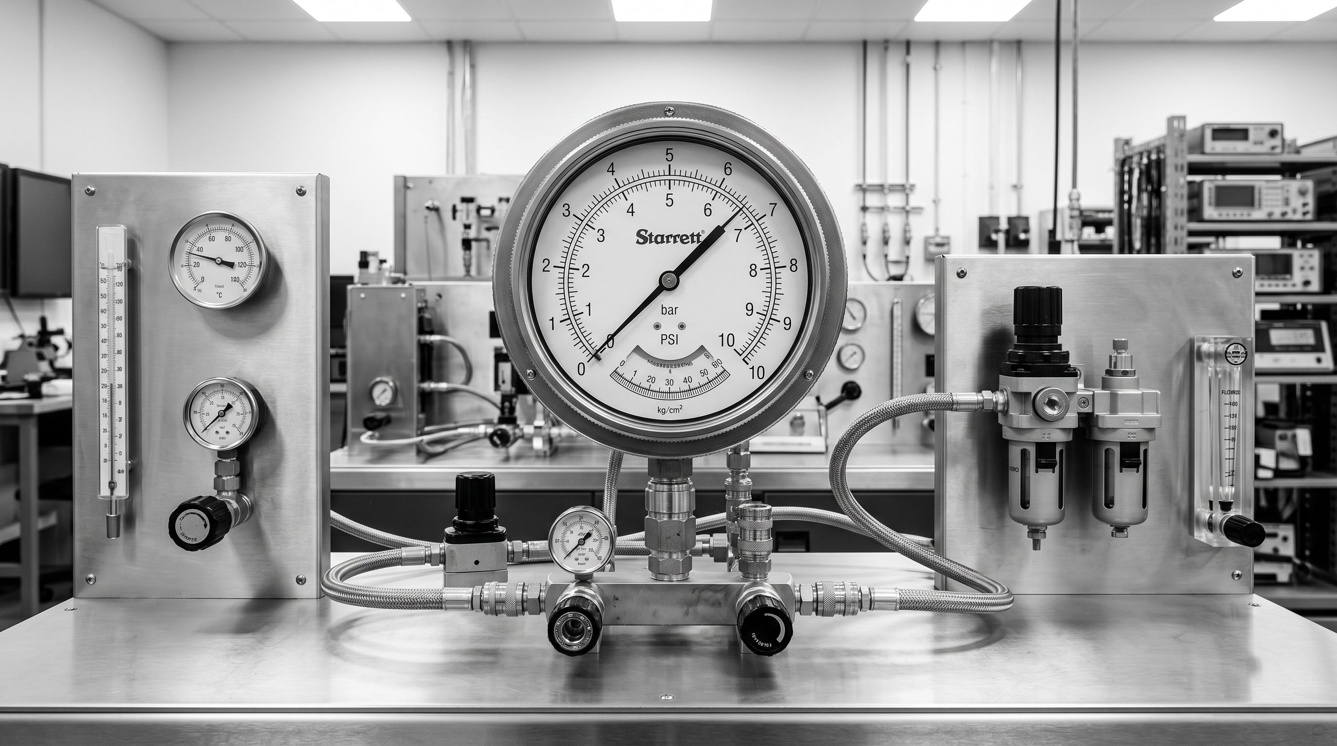 Precision analogue measurement gauge on a clean industrial surface surrounded by calibration instruments.