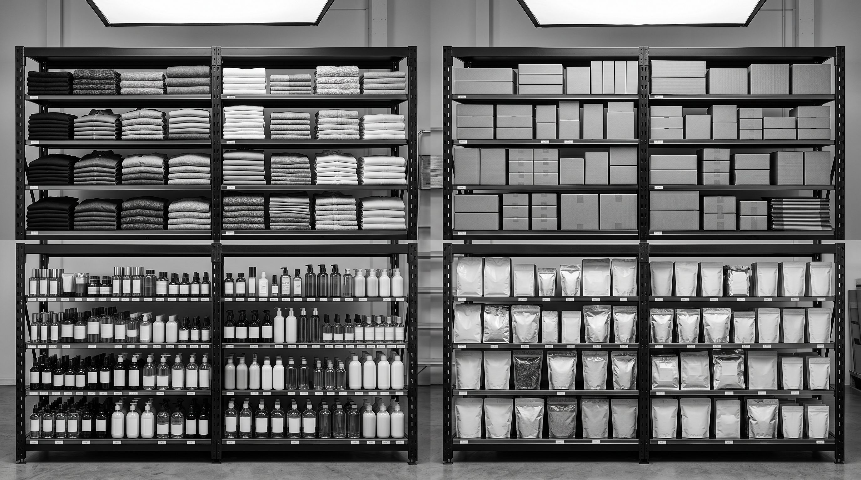 Four neatly organised product sections on retail shelving representing distinct merchant categories