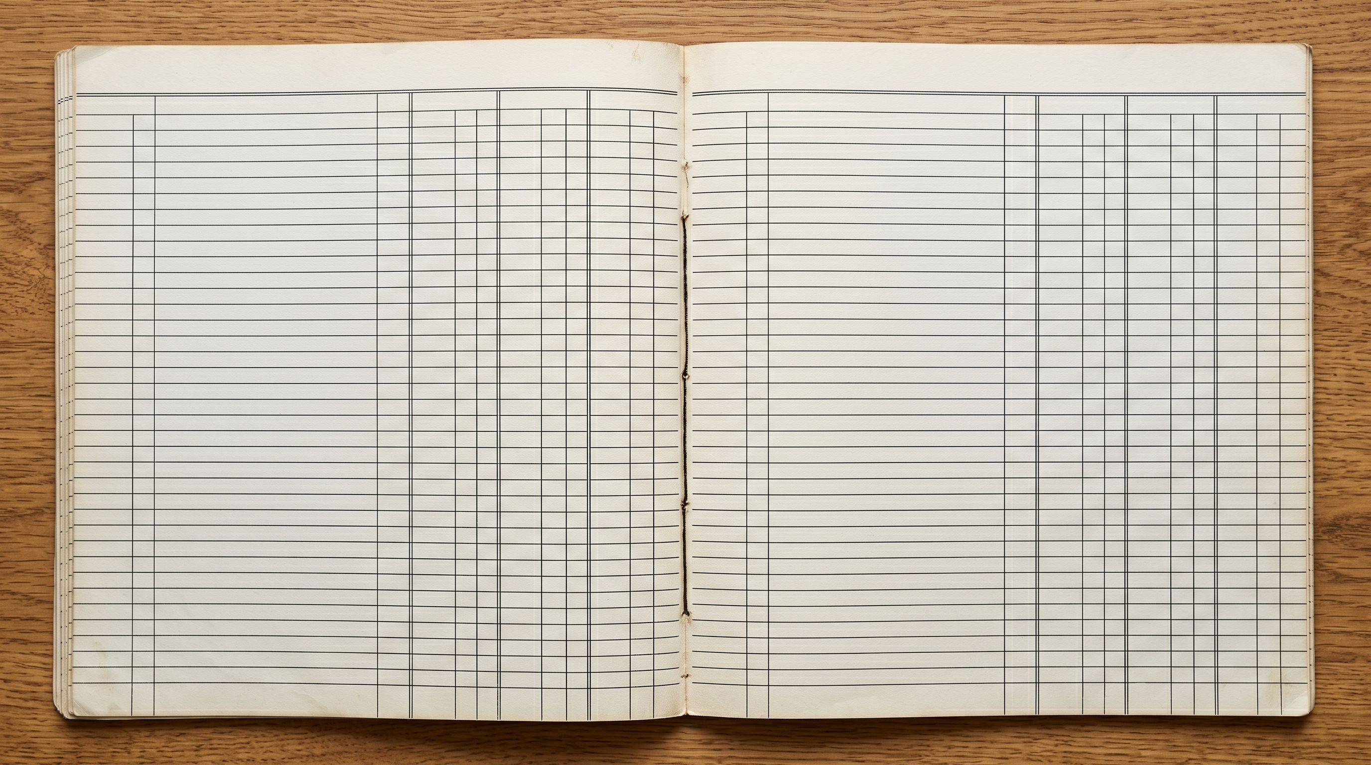 Overhead view of an open accounting ledger showing precise ruled rows and columns representing structured product data.