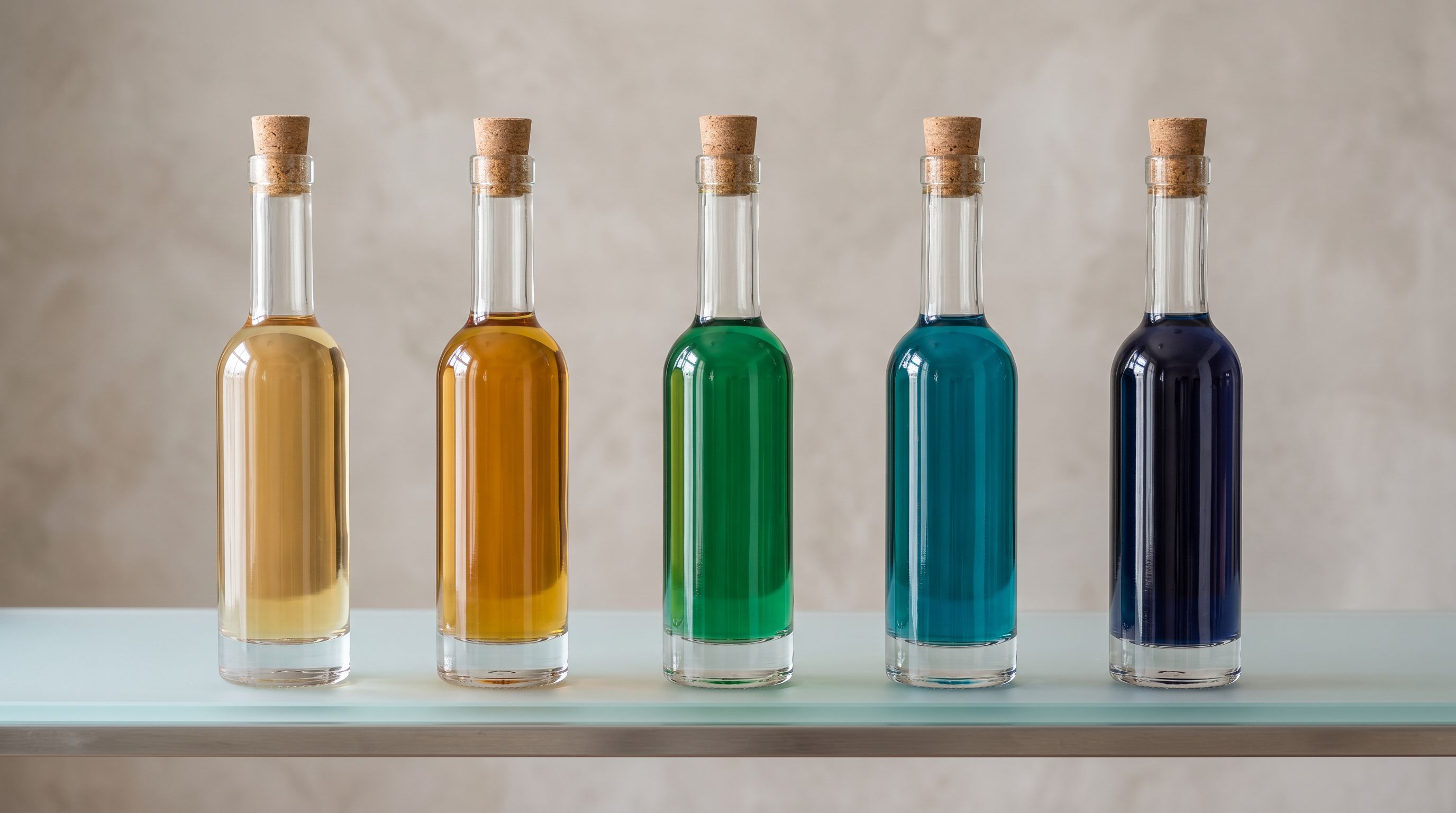A row of identical glass bottles containing liquids in distinct colours on a frosted shelf representing categorised product variants.
