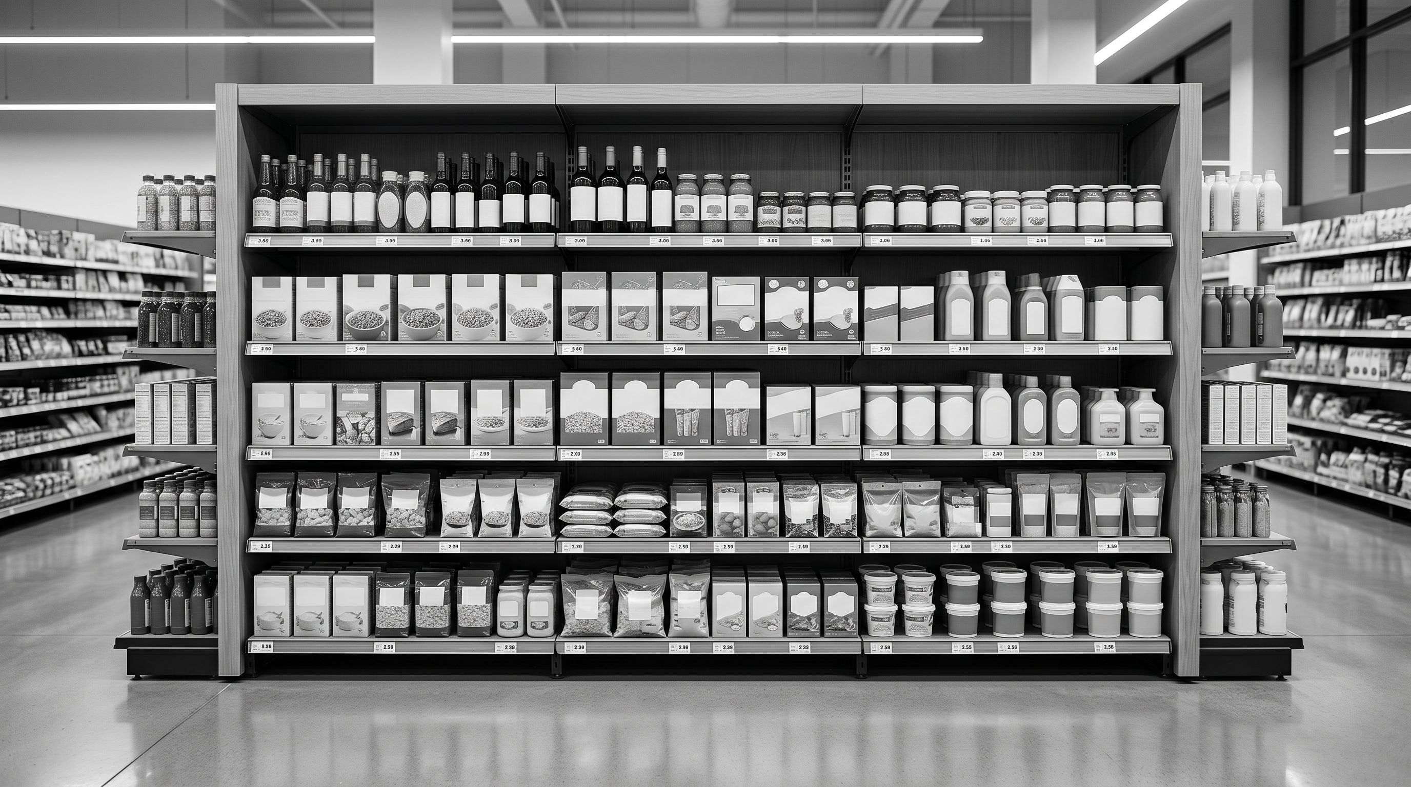 A retail shelving unit with products arranged in rows by size and type, price tags on each shelf edge.