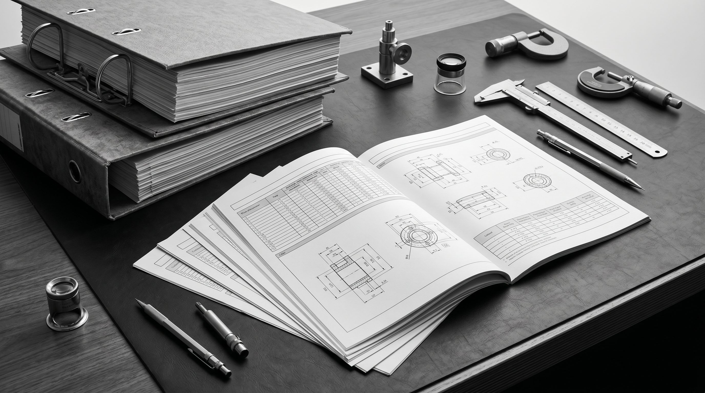Stacked industrial product specification binders and printed catalogue pages open to a technical data sheet.