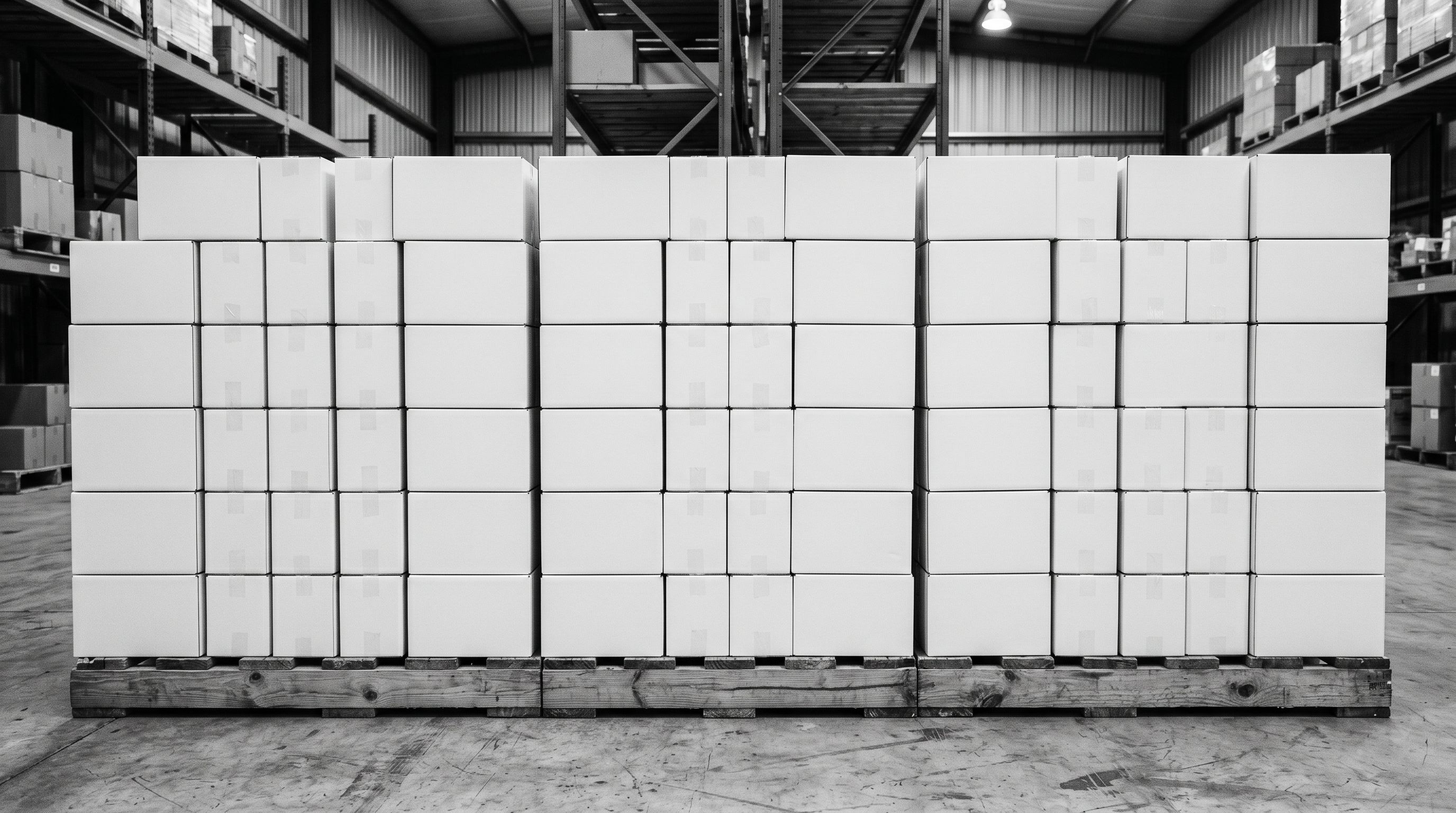 Rows of identical unmarked white product boxes stacked uniformly on a wooden shipping pallet in a warehouse.