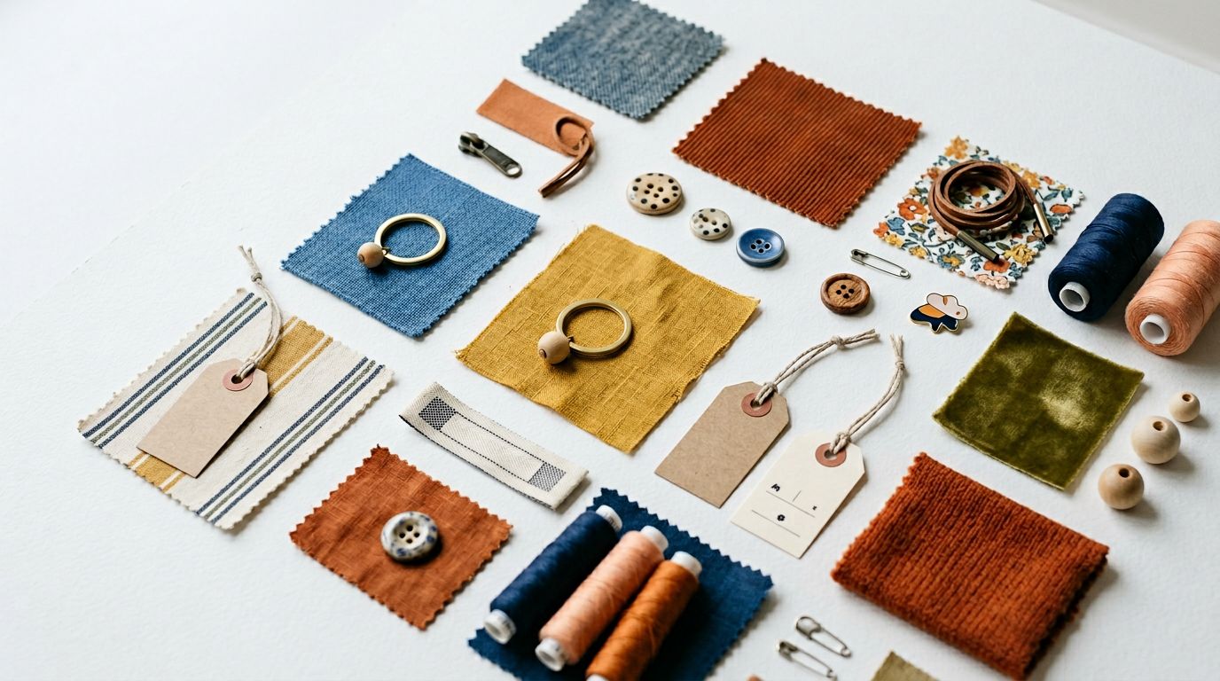 Flat lay of various colourful product samples and fabric swatches arranged on a white surface, clean editorial product photography.