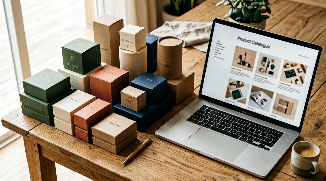 Overhead view of product packaging boxes stacked on a wooden surface with a laptop nearby showing a product grid, soft natural lighting.