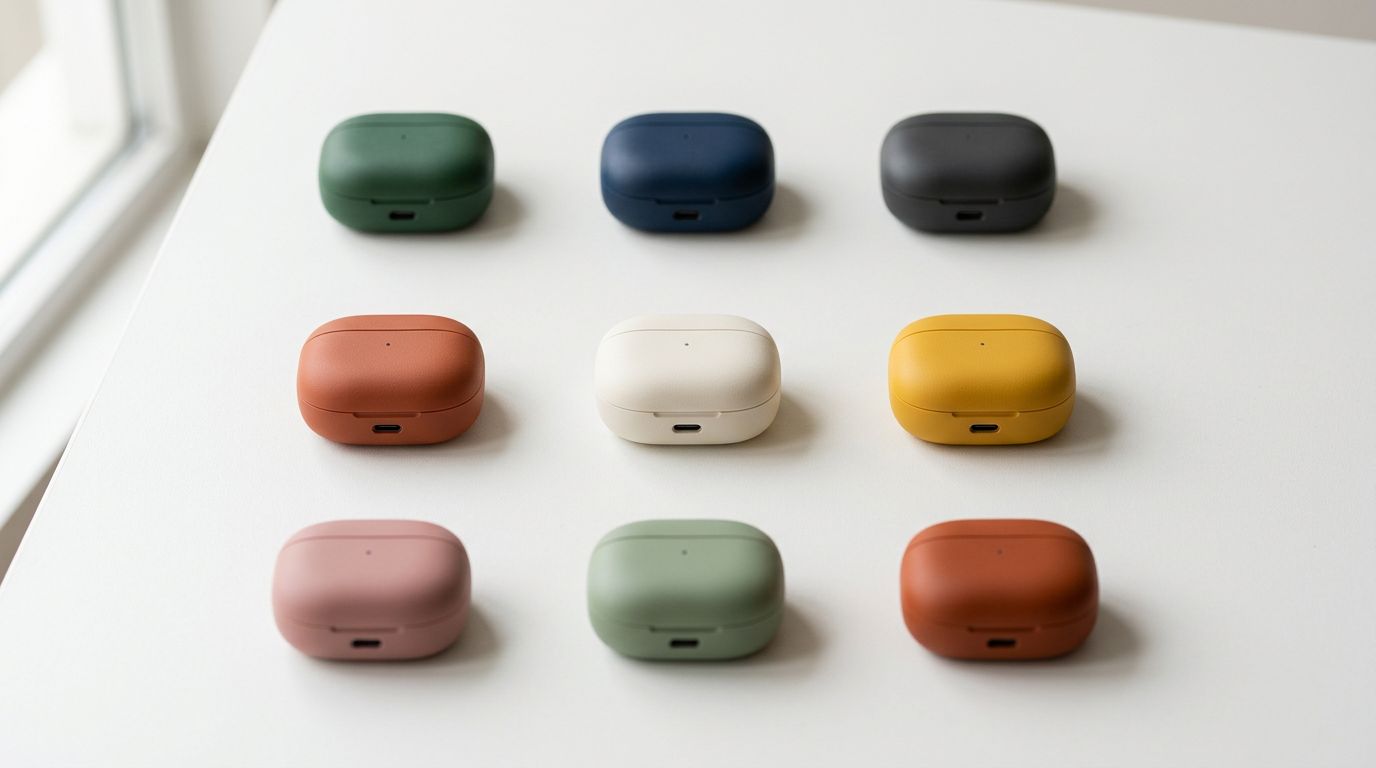 Several product colour variants laid out in a grid on a plain surface, arranged by shade from light to dark, clean product photography.