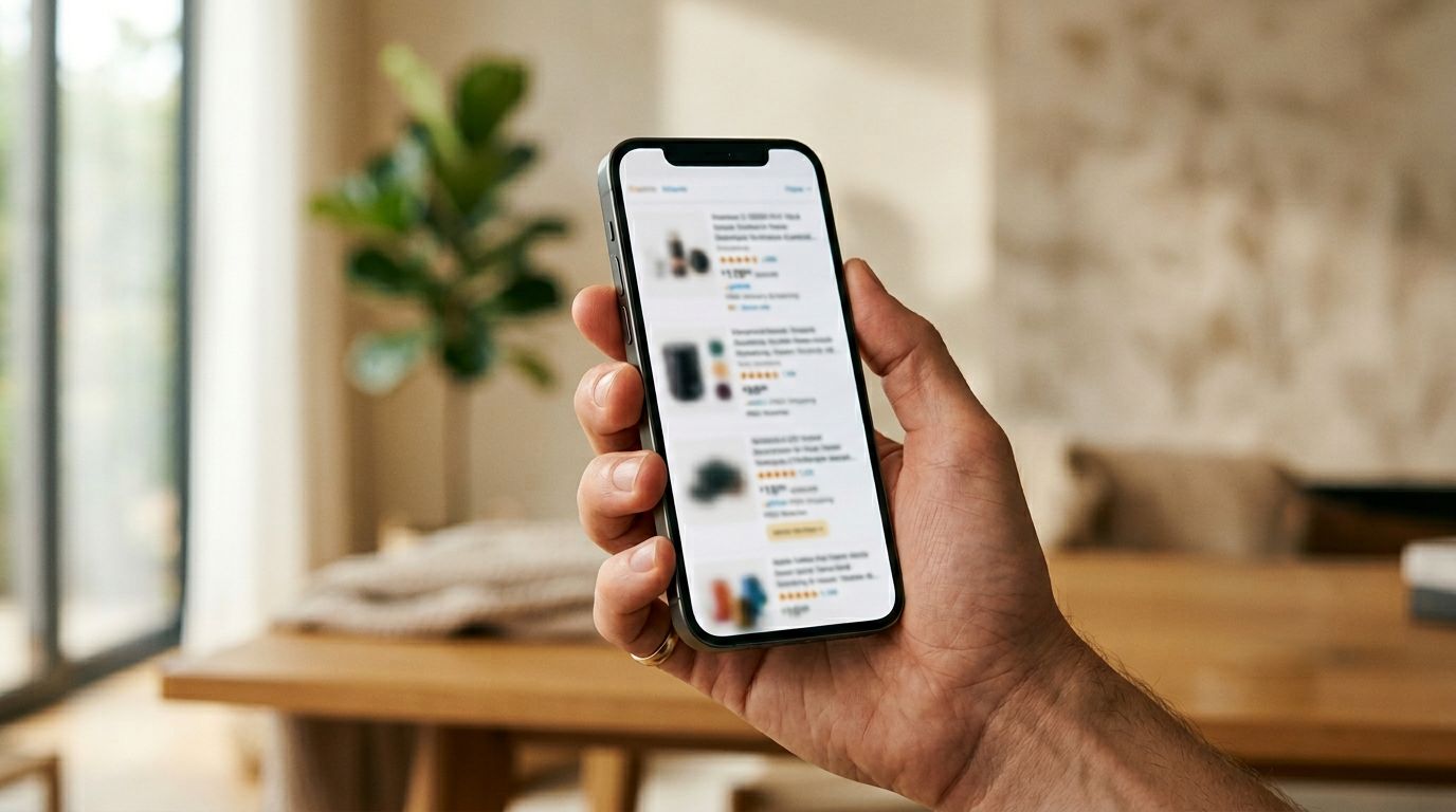 A person's hand holding a smartphone showing a product listing with several colour swatches visible, warm natural background lighting.