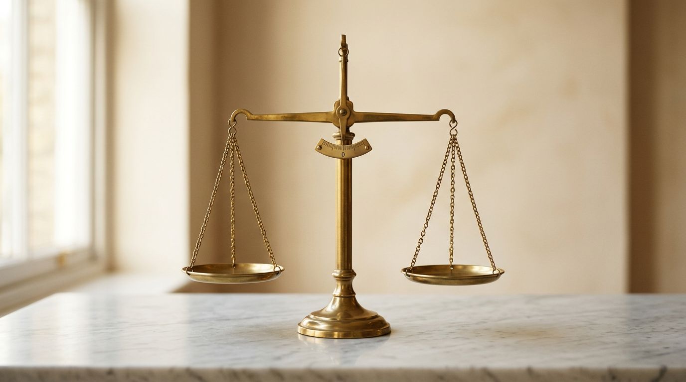 A single precise brass balance scale resting empty on pale marble representing product data completeness.