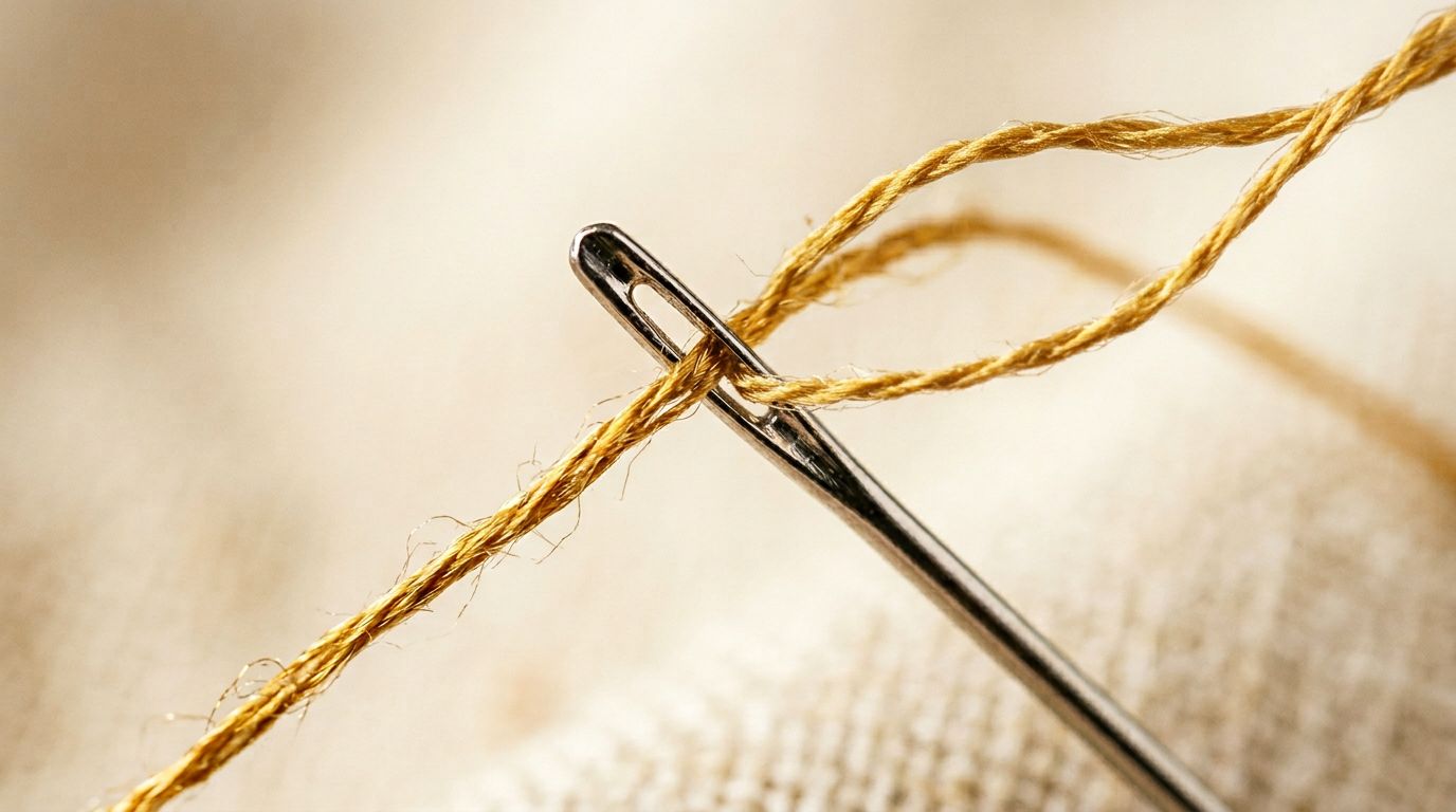 Close-up of a golden thread being drawn precisely through the eye of a fine needle representing automated data extraction.