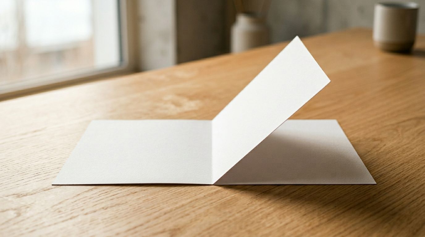 A single sheet of white paper mid-fold on a wooden surface representing transformation and new content creation.