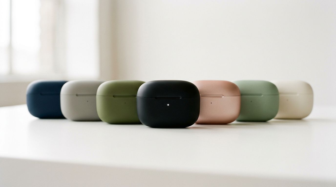 Close-up of various product variants arranged by colour and size on a plain white surface, editorial product photography.