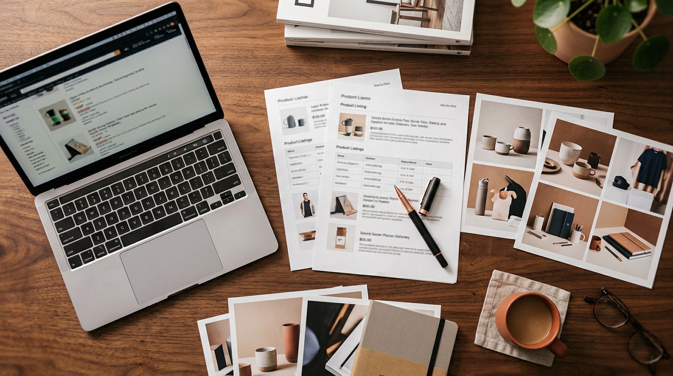 Overhead view of a desk with printed listing pages and product images spread out, alongside a laptop, soft editorial lighting.