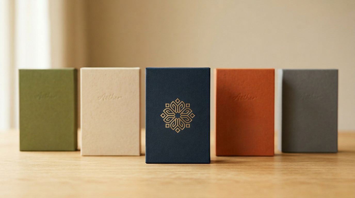 Several product packages of the same item in different sizes and colours arranged neatly on a clean surface, professional product photography.