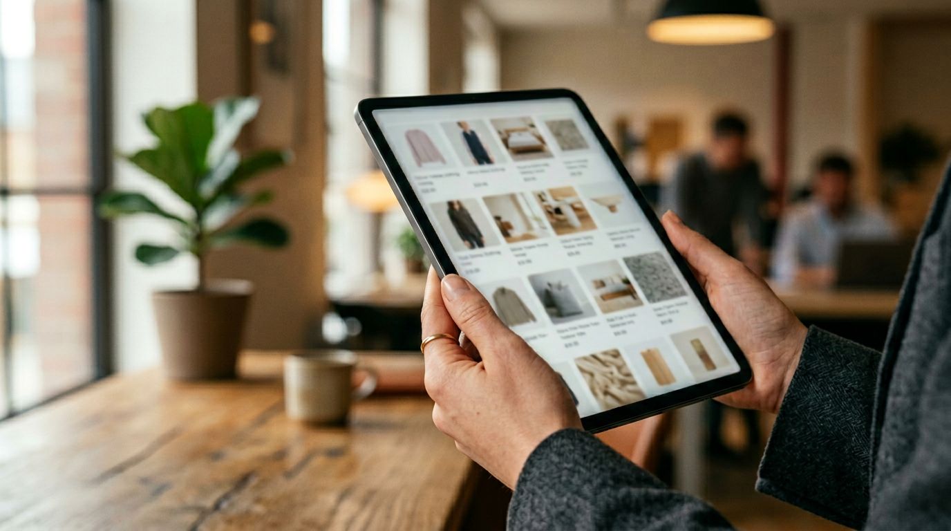 Close-up of a hand holding a tablet showing a product catalogue grid with multiple items, warm editorial lighting, text on screen blurred.