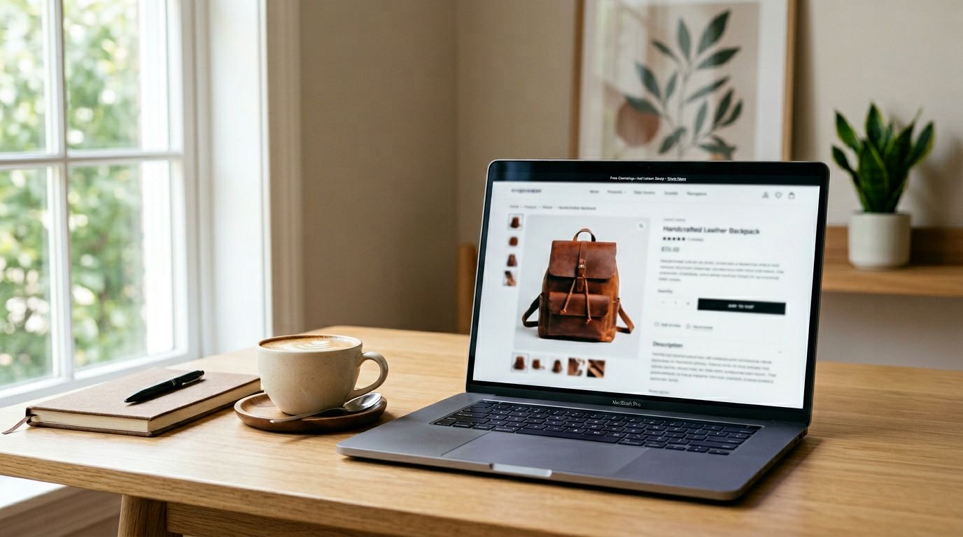 A laptop on a wooden desk showing a product page with title, description and images visible, blurred text on screen, warm office lighting.