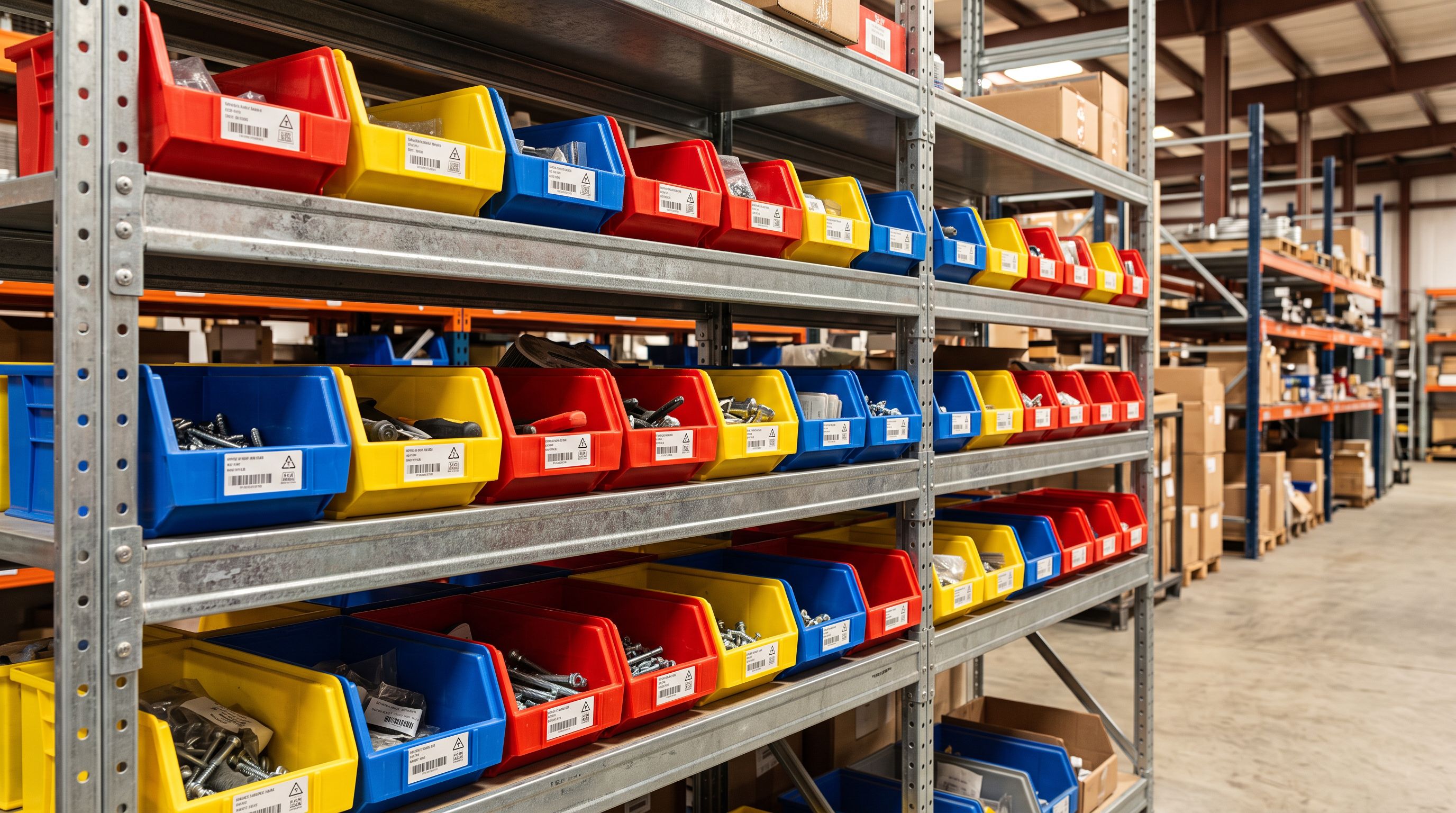 Colour-coded plastic storage bins on metal warehouse shelving in rows.