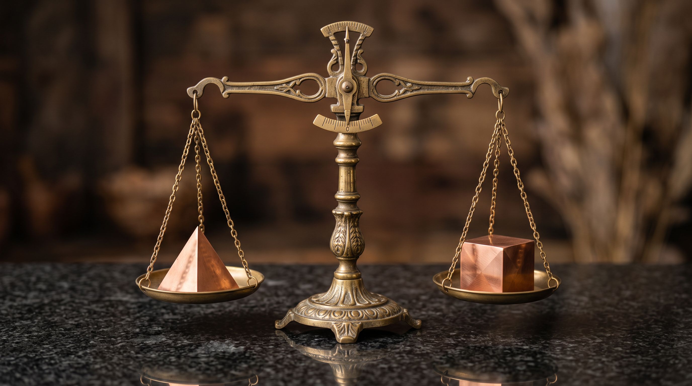 Brass balance scale with two geometric objects being compared on granite.