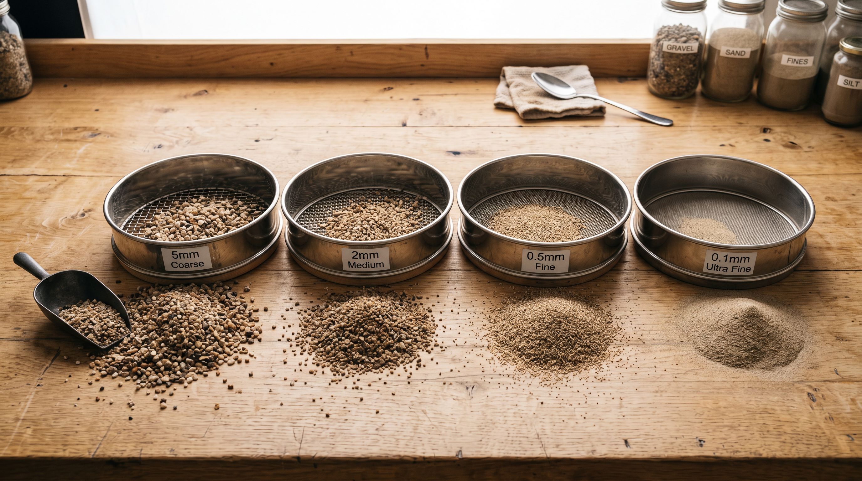 Four wire mesh sieves of different sizes arranged on a timber workbench.