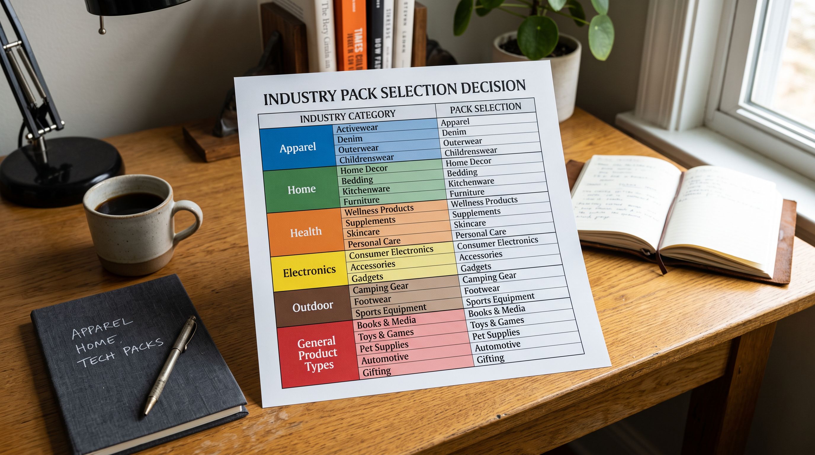A printed grid showing 22 industry category labels arranged in rows on a desk, with coloured category groupings for apparel, home, health, electronics, outdoor, and general product types, representing the industry pack selection decision for different product catalogues.