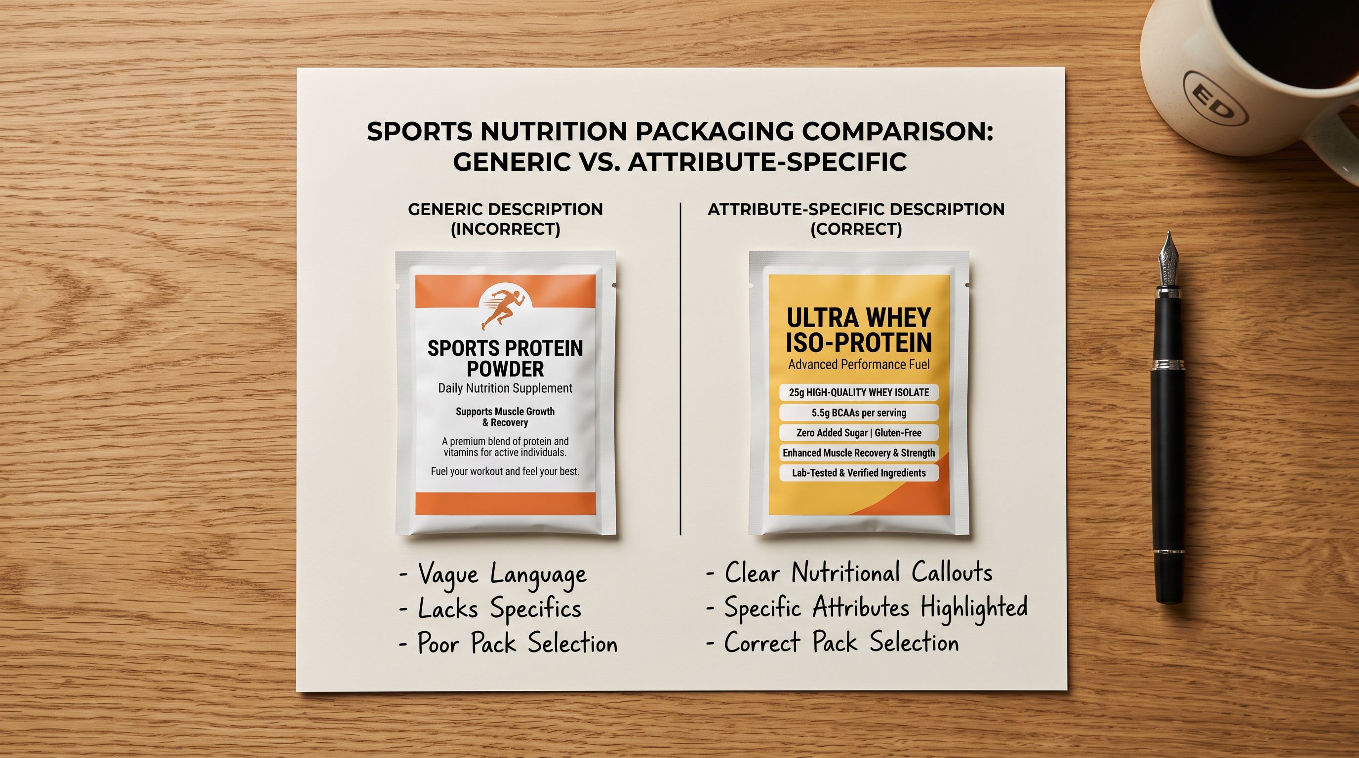 A printed side-by-side comparison worksheet on a desk showing two product descriptions for the same sports nutrition item, the left written in generic language and the right with specific nutritional attribute callouts, illustrating the difference between wrong and correct industry pack selection.