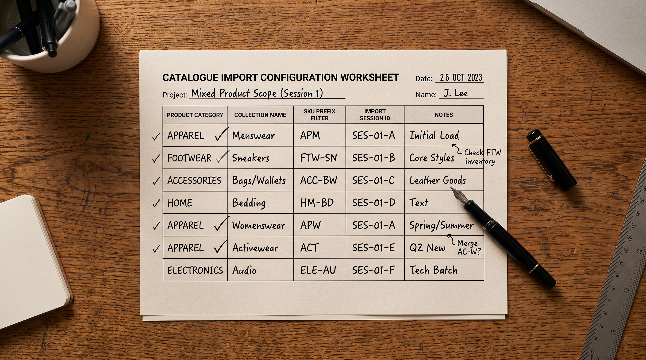 A printed filter configuration worksheet on a desk showing product categories listed in rows with collection names and SKU prefix filters written beside each, representing the process of scoping separate import sessions for a mixed product catalogue.
