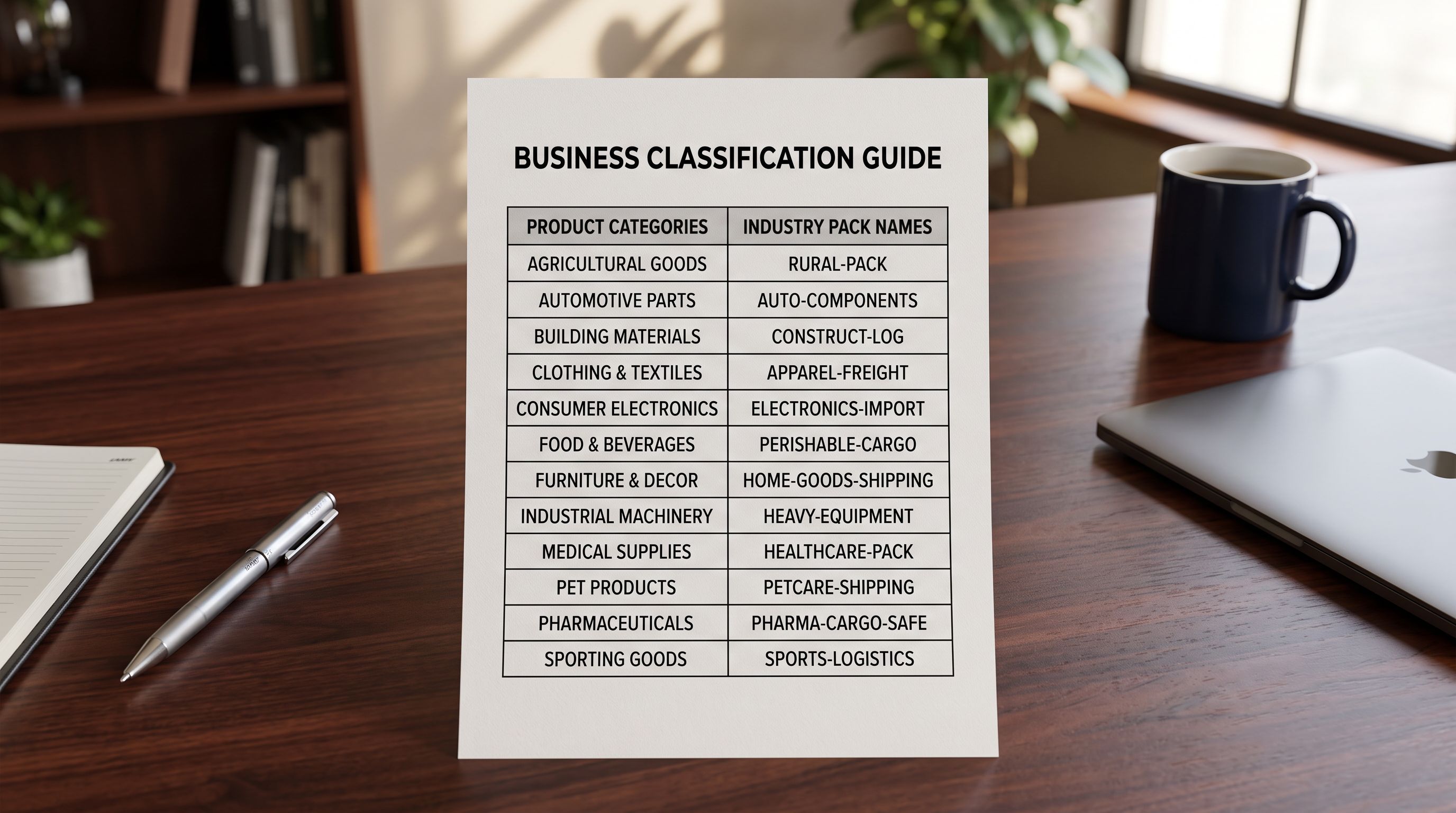 A printed two-column table on a desk listing client business types in the left column and corresponding industry pack names in the right column, representing an agency's pack assignment reference sheet for managing multiple clients across different product categories.