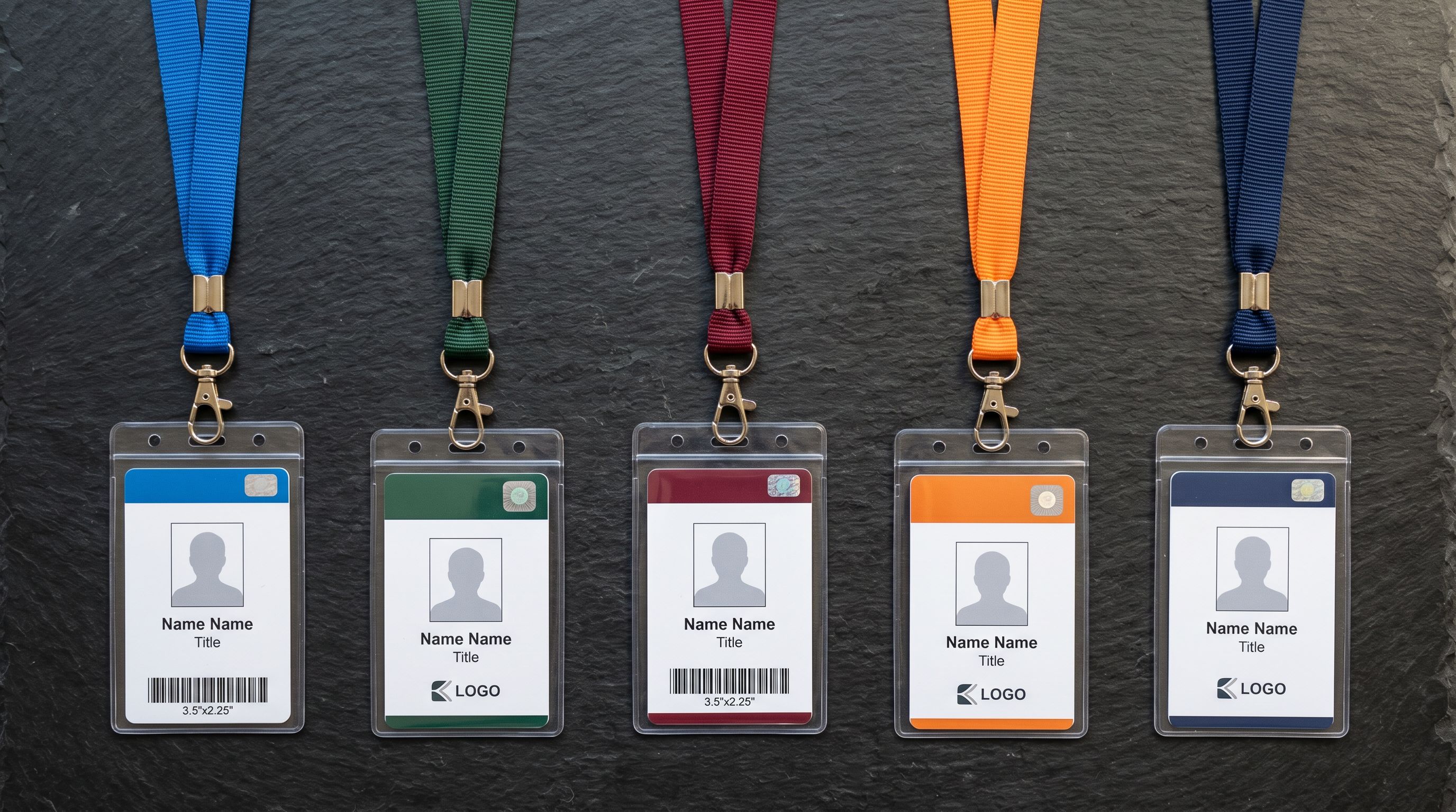 Five distinct professional name badges representing specialist expert personas across industries.