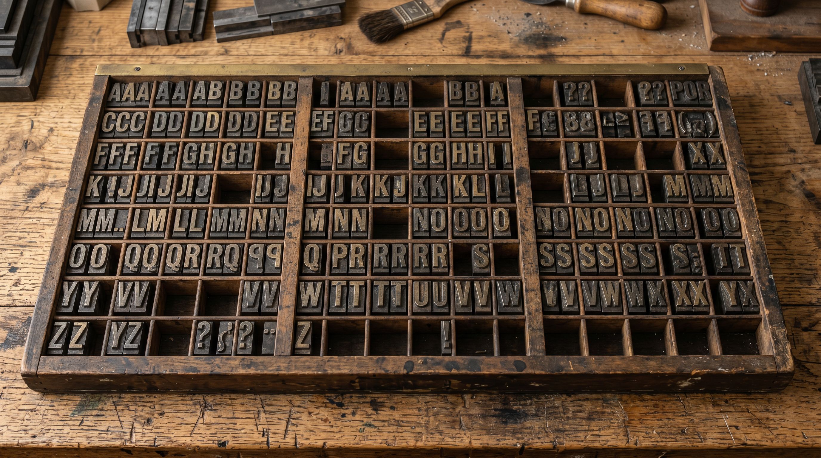 Vintage brass letterpress type tray with organised metal tiles representing brand voice word selection and exclusion.