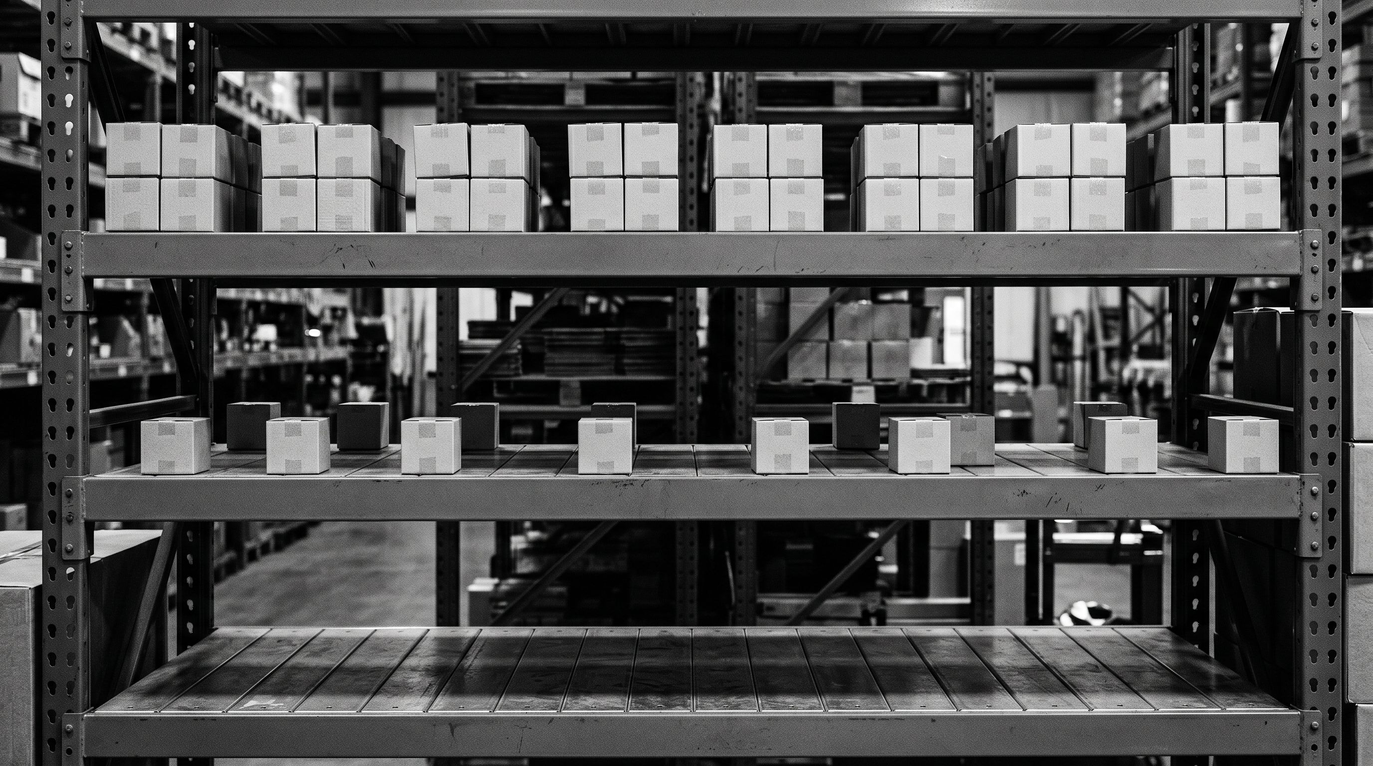 Multiple rows of cardboard product boxes on warehouse shelving, some arranged in neat clusters of four and others placed individually with gaps between them.