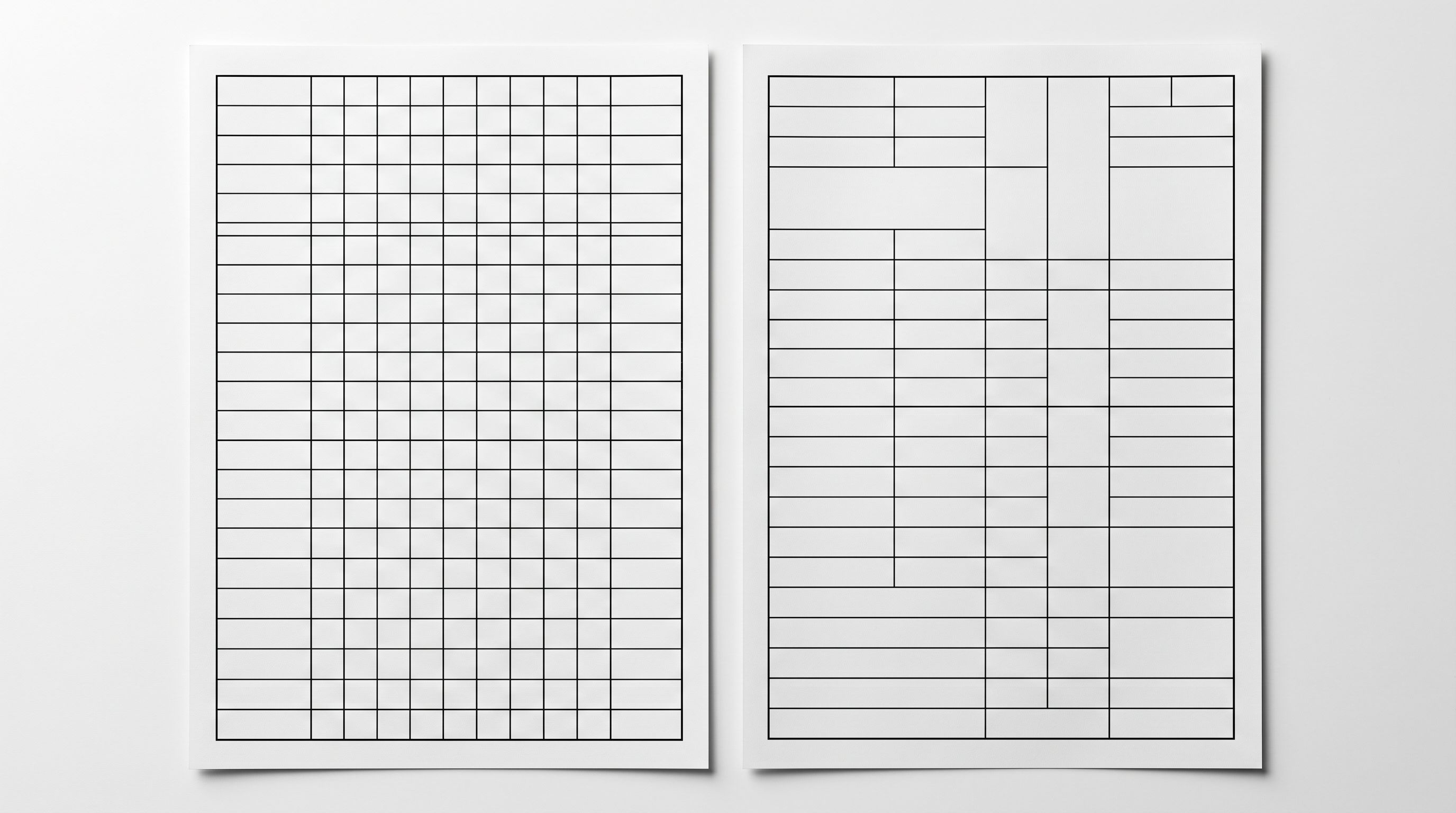Two printed A4 document forms side by side, one with evenly spaced uniform columns and the other with irregular column widths and a different row structure.