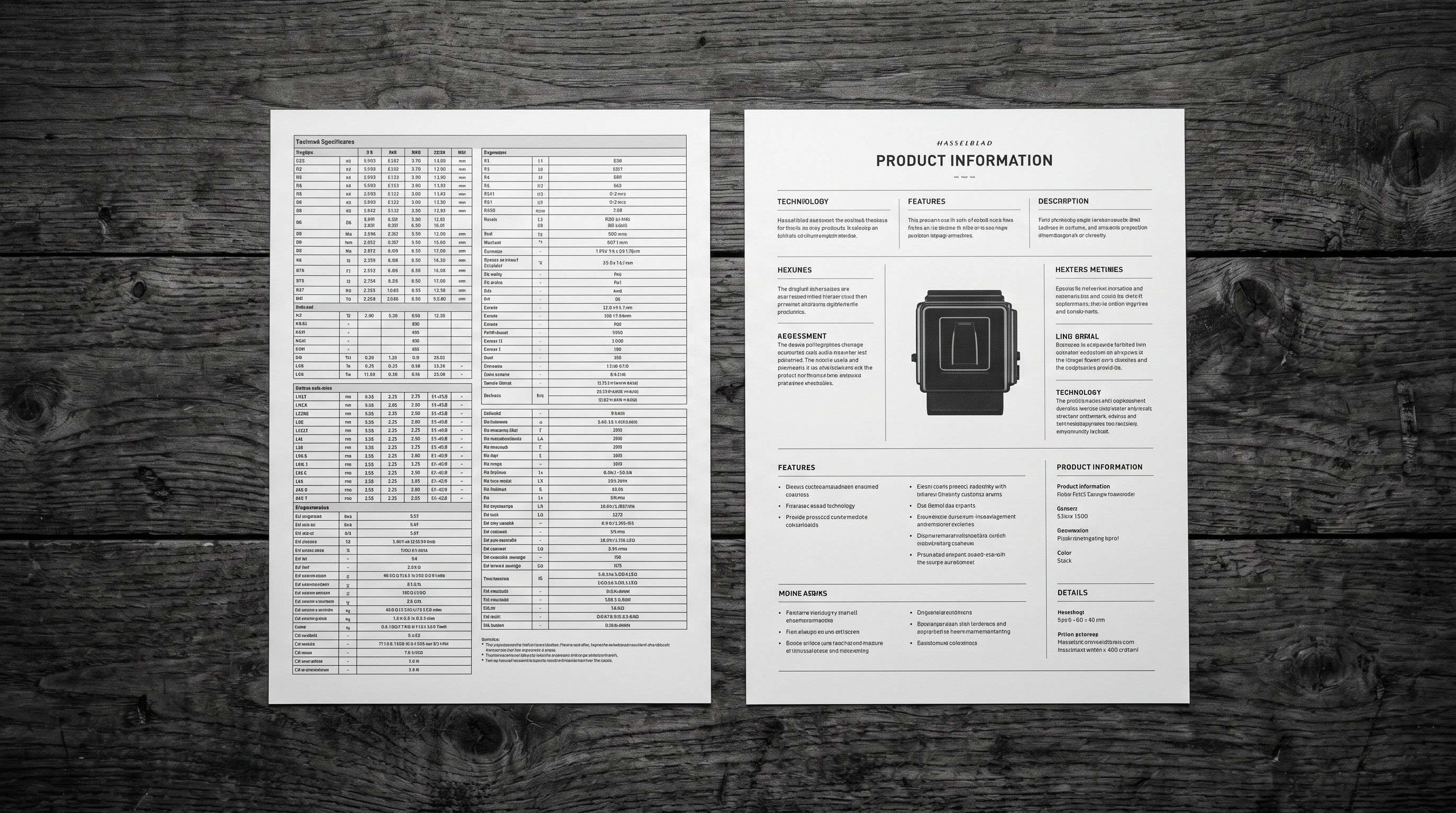 A printed technical specification sheet on one side of a desk and a professionally designed single-page product information card on the other side, both lying flat.