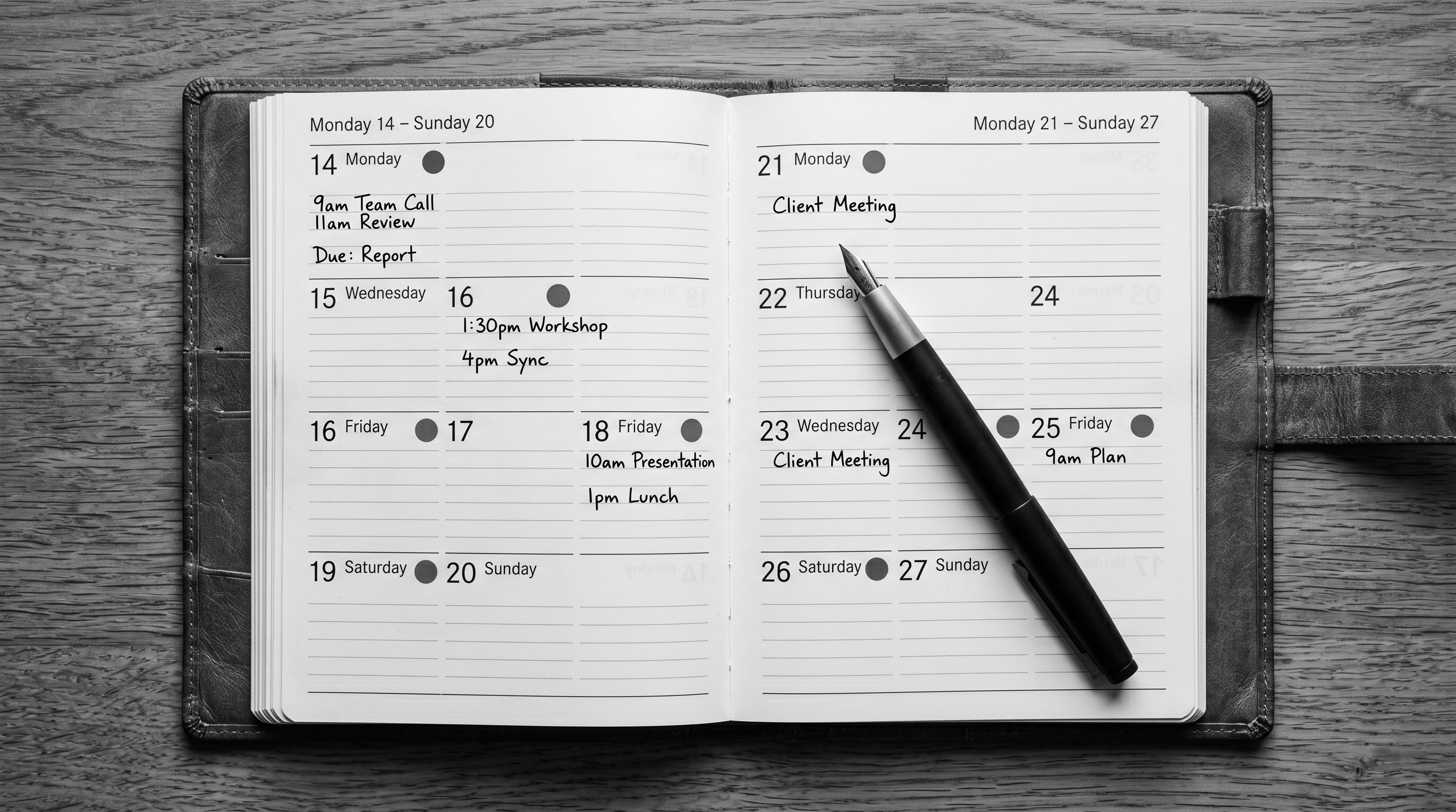 A desk planner open to a two-week spread with several dates marked with small adhesive dots at regular intervals, a fountain pen resting across the open pages.