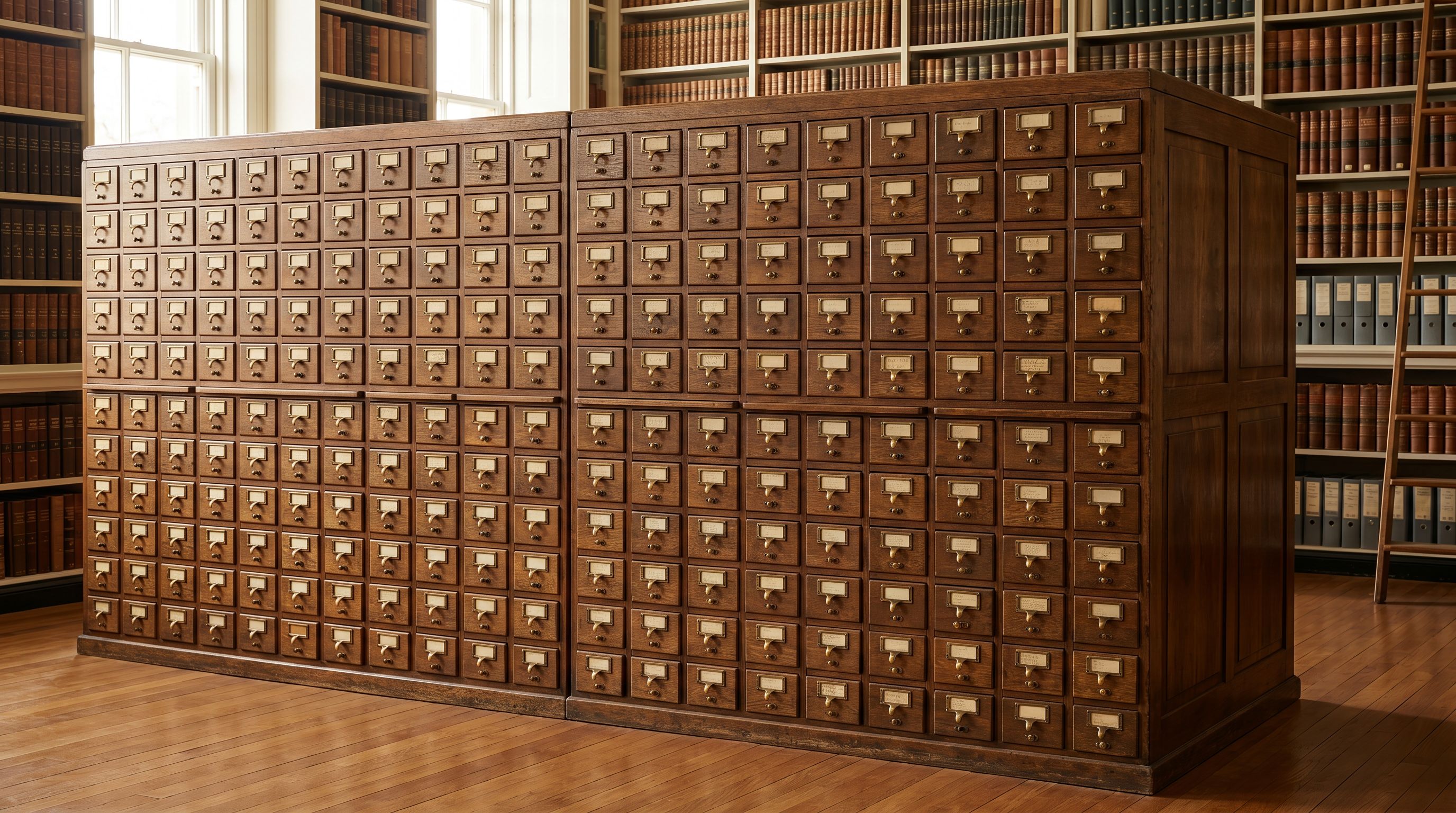 A vintage wooden card catalogue with rows of small square drawers representing complex product data organisation.