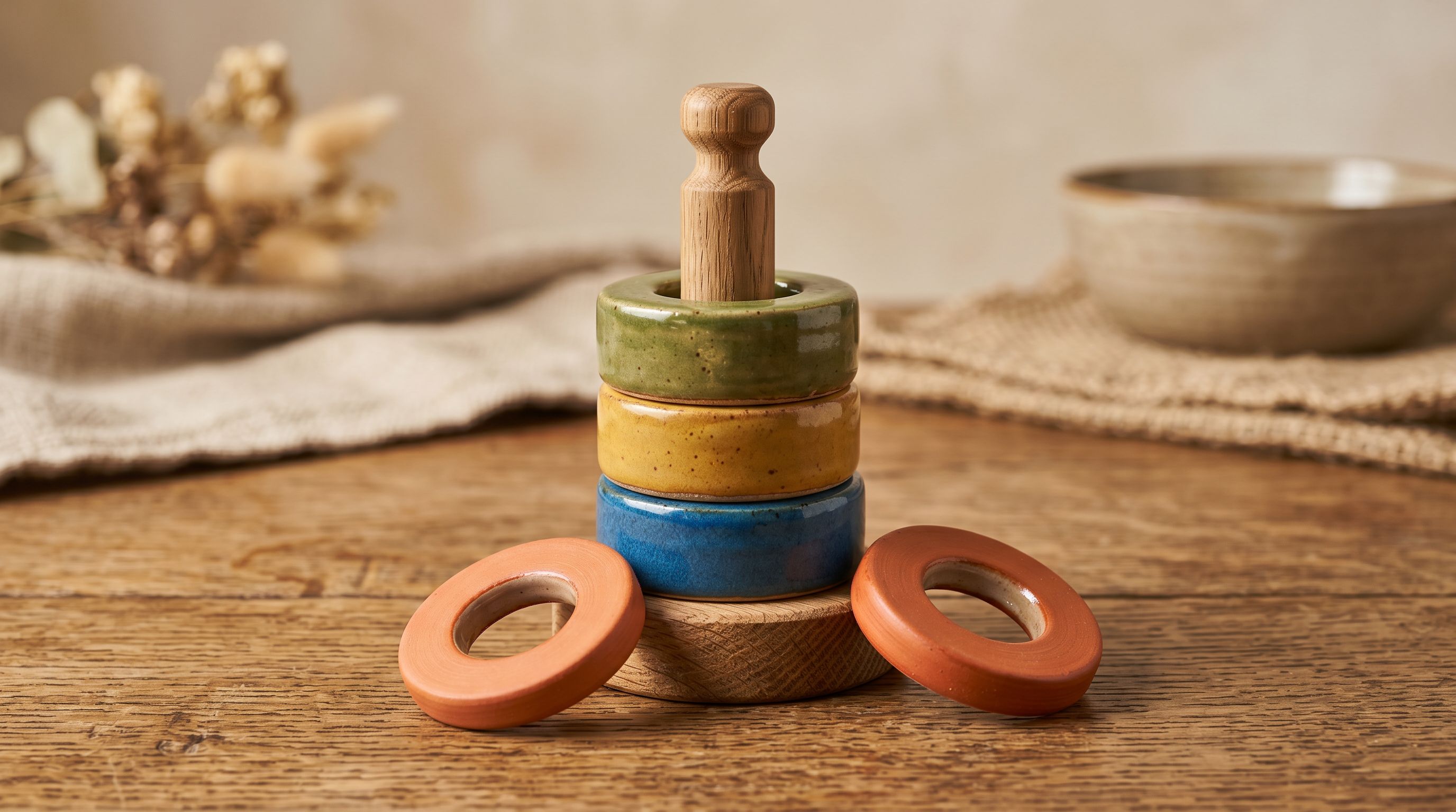 Ceramic stacking rings on a post with a fourth ring excluded on the surface beside it.