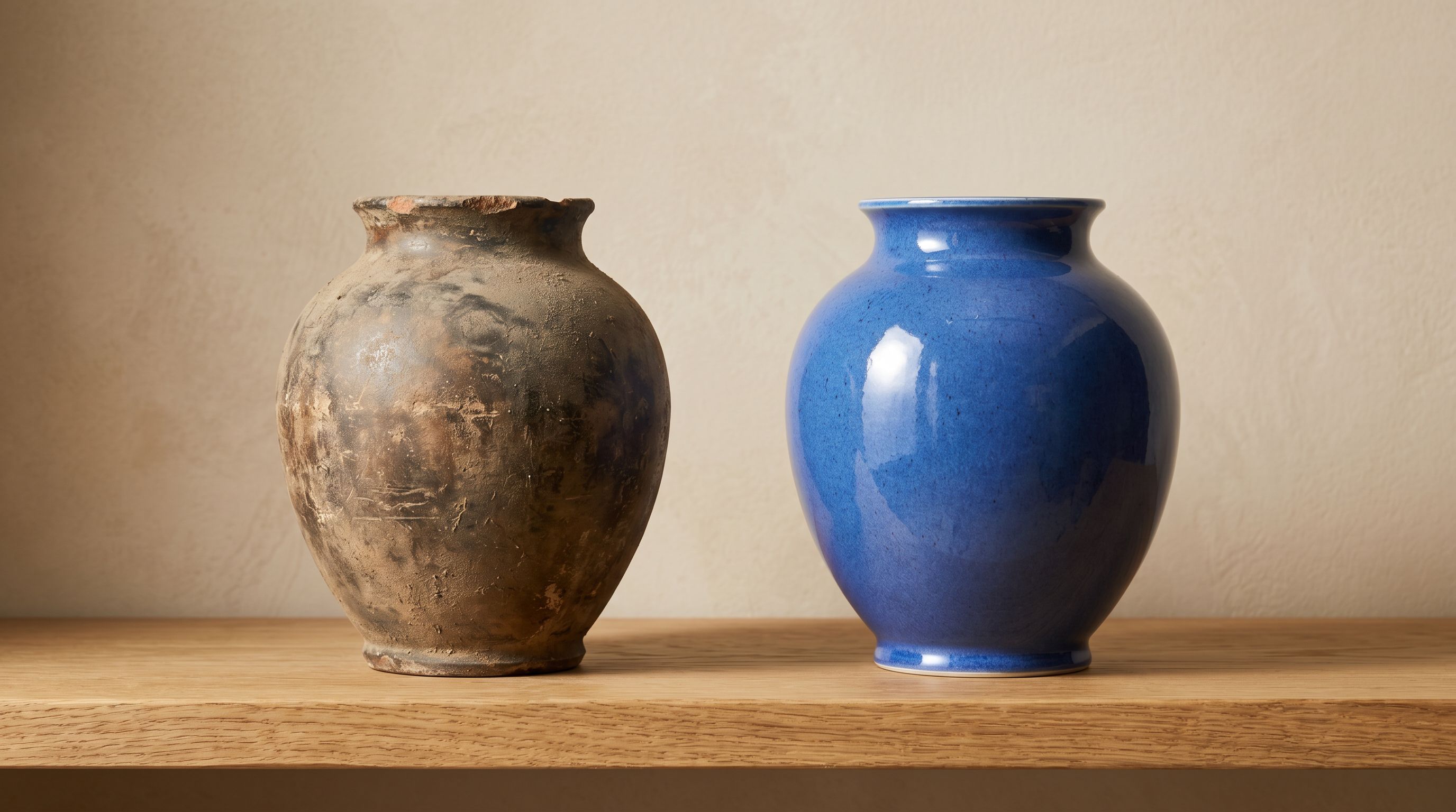 Two ceramic vessels showing contrast between a worn dusty surface and a freshly glazed pristine surface.