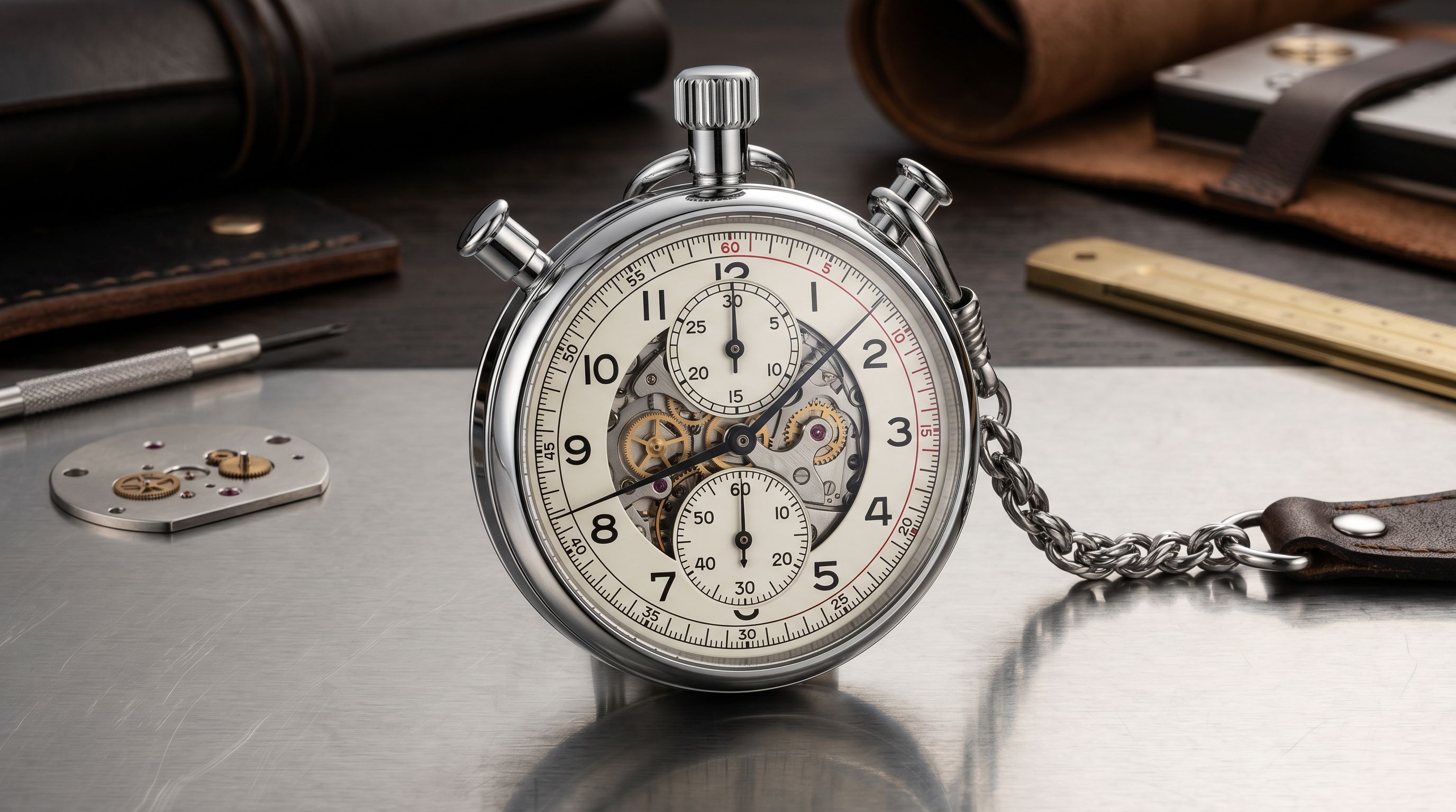 A precision mechanical stopwatch on a polished steel surface representing import workflow time savings.