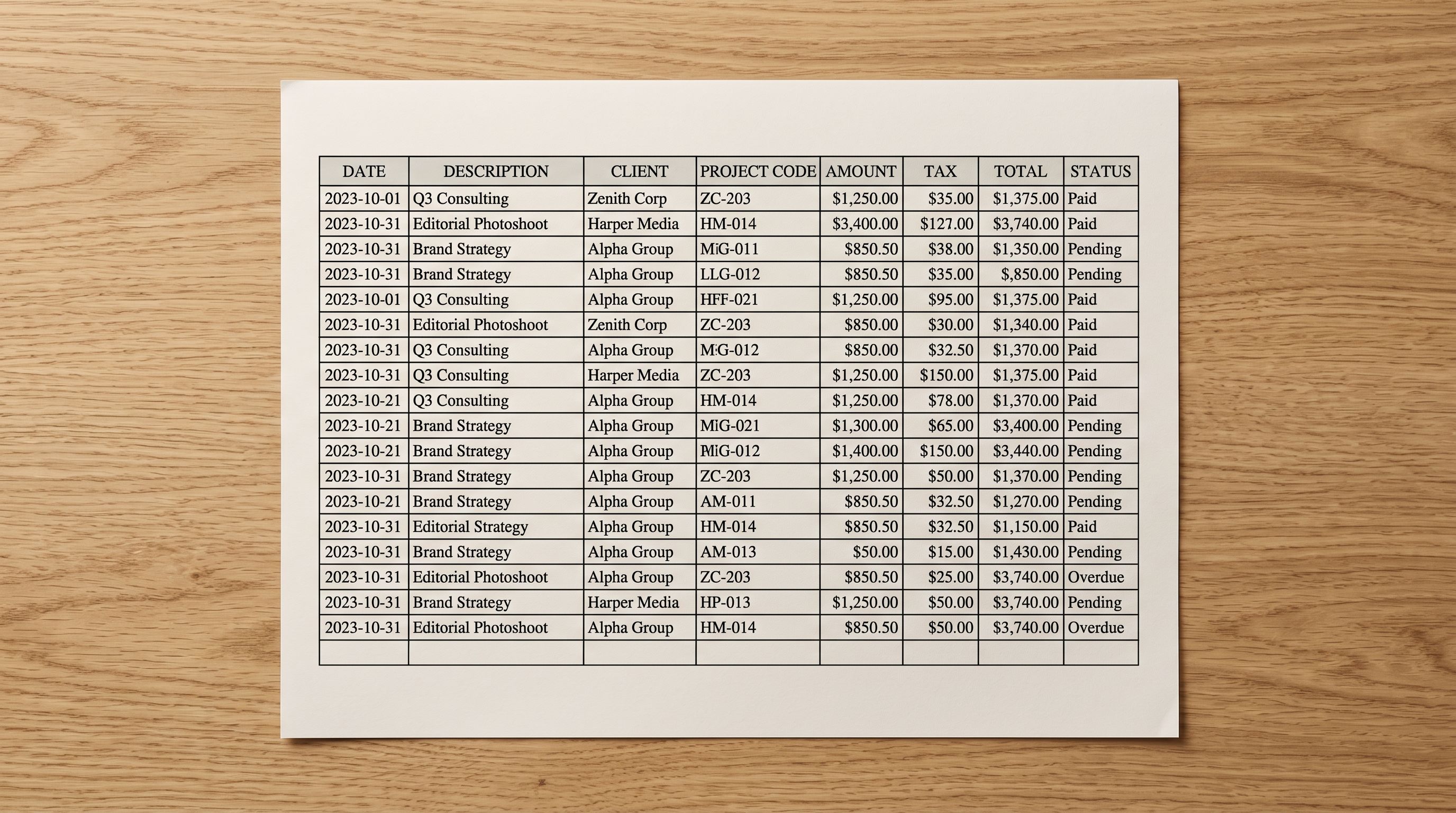 Printed spreadsheet page showing structured data columns and product rows on a table.