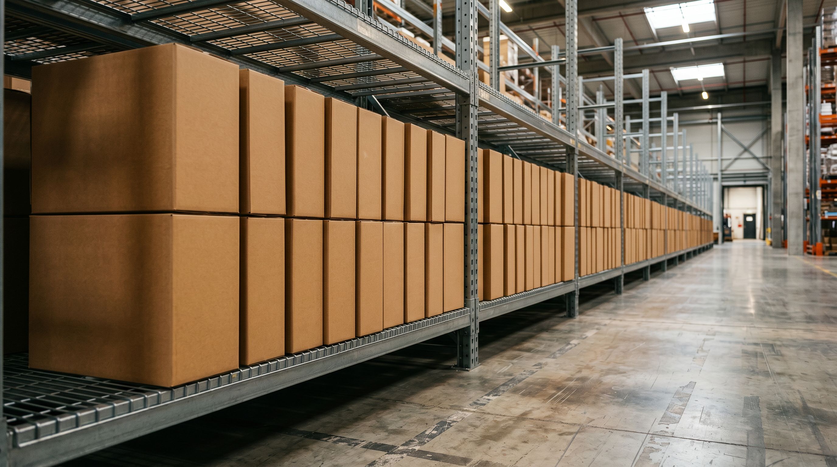 Long row of identical product packaging boxes arranged on warehouse shelving.
