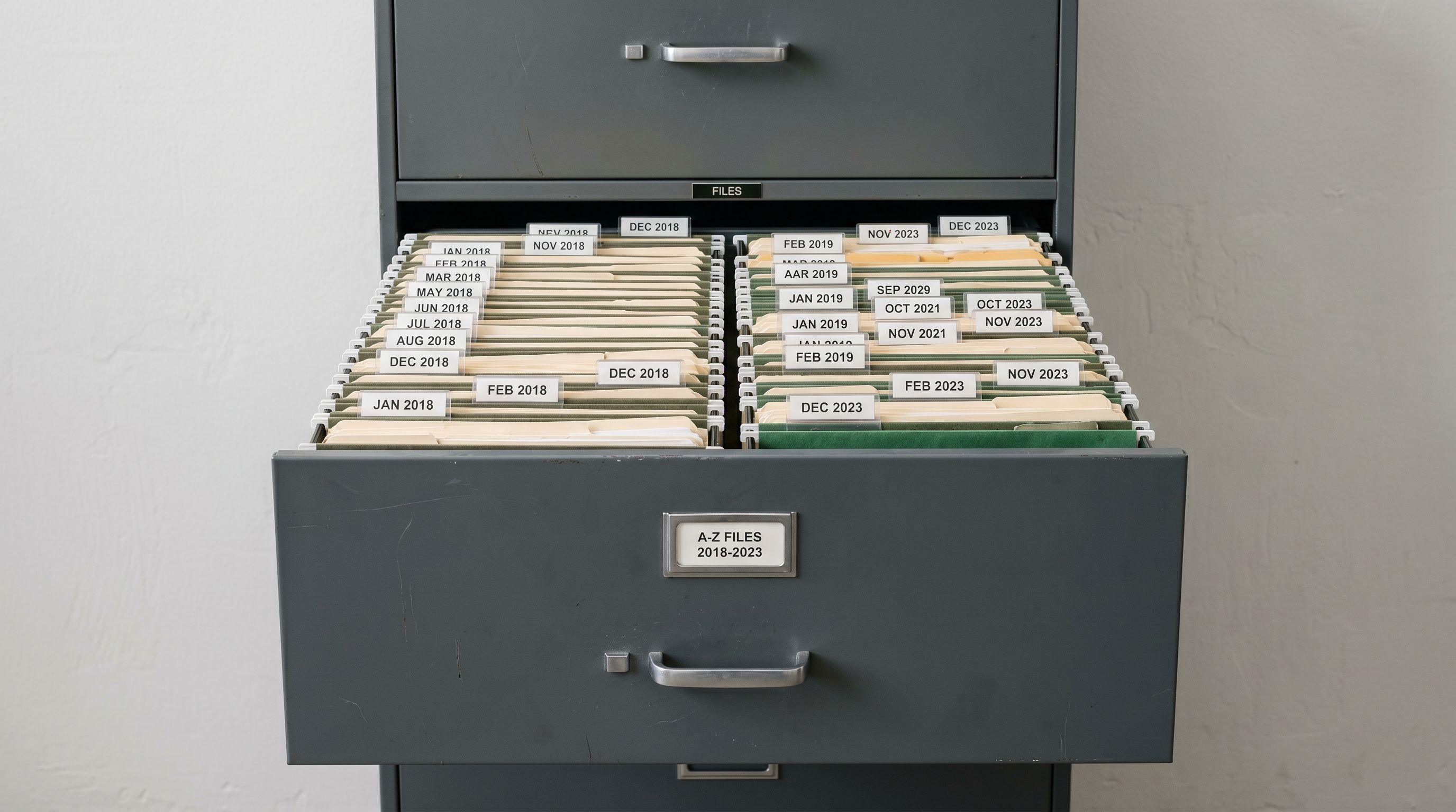 Open metal filing cabinet drawer with neatly labelled chronological hanging folders.