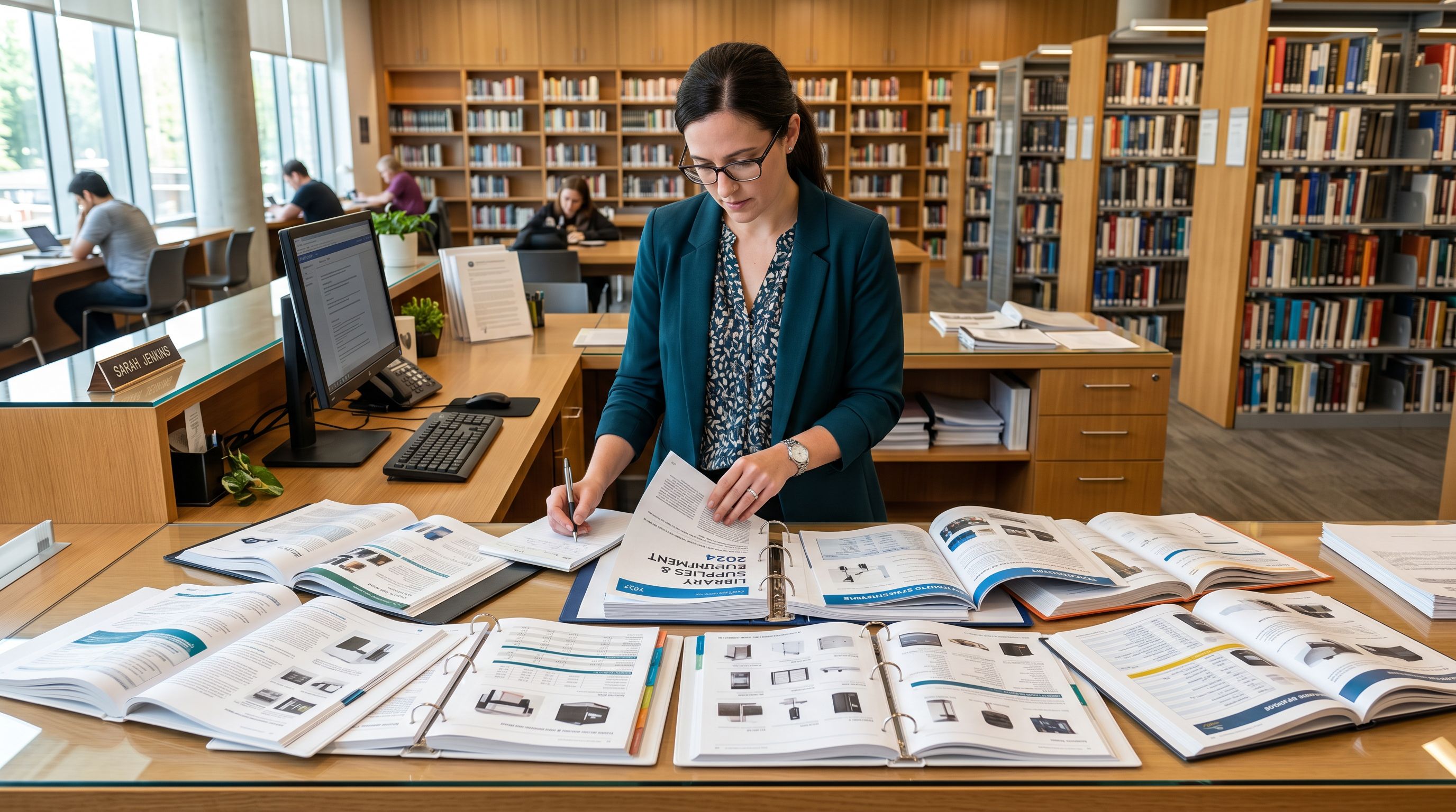A librarian comparing multiple open product catalogues and specification binders on a reference desk.
