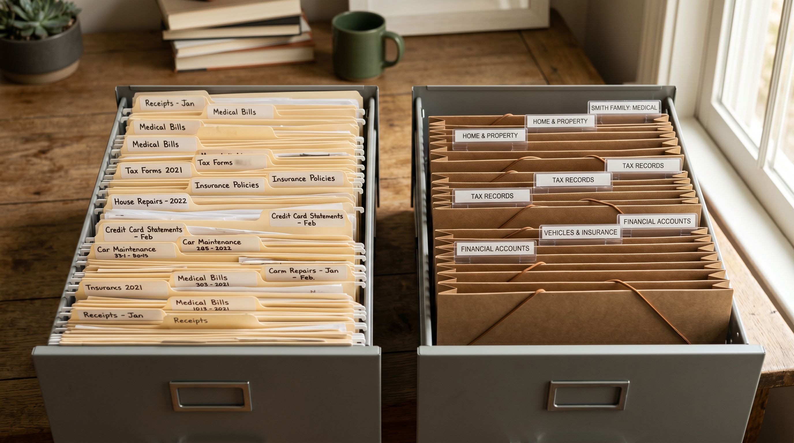 Two filing cabinet drawers showing product data reorganised from individual rows into grouped family folders.