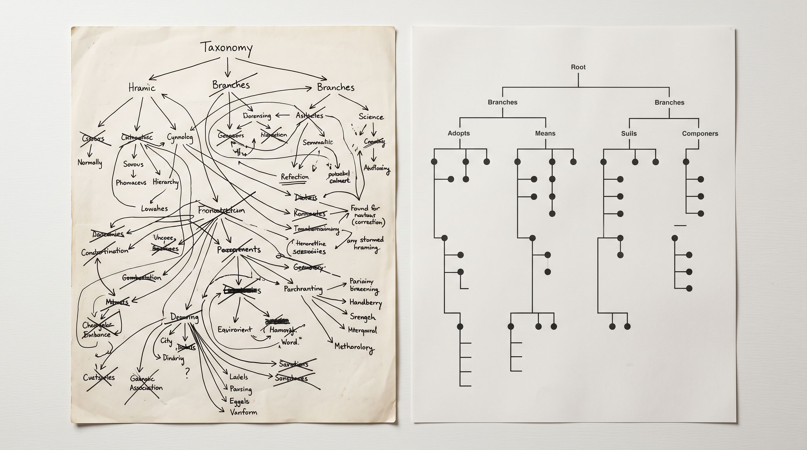 Two taxonomy classification charts side by side comparing a freeform category hierarchy with a standardised structured taxonomy.